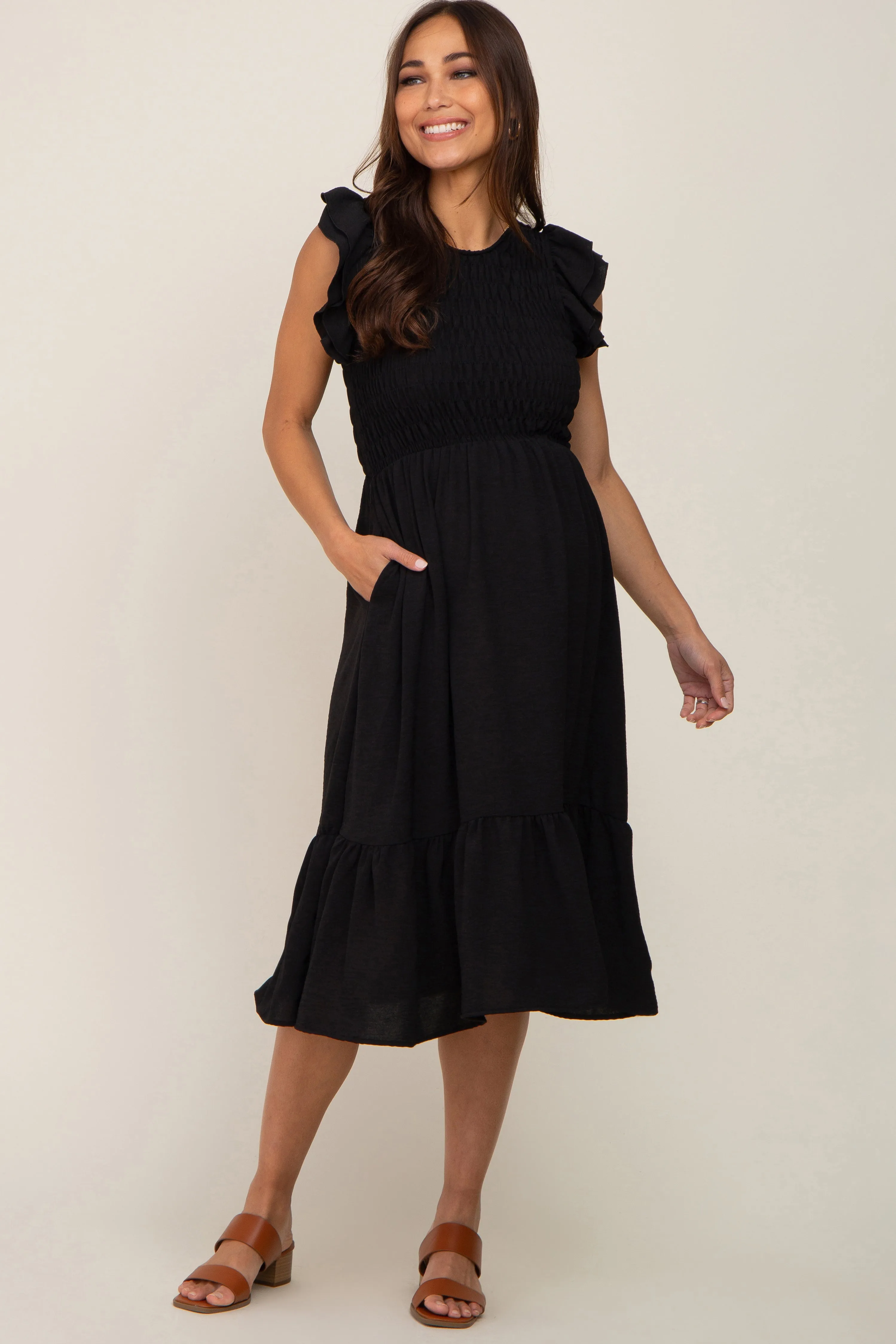 Black Smocked Layered Ruffle Flutter Sleeve Maternity Midi Dress sold by Pinkblush
