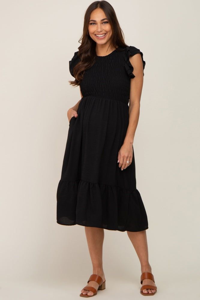Black Smocked Layered Ruffle Flutter Sleeve Maternity Midi Dress sold by Pinkblush product image thumbnail 4