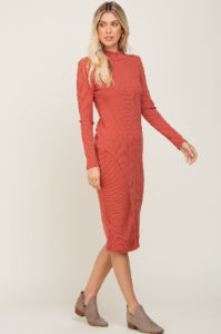 Rust Ribbed Long Sleeve Mock Neck Midi Dress sold by Pinkblush
