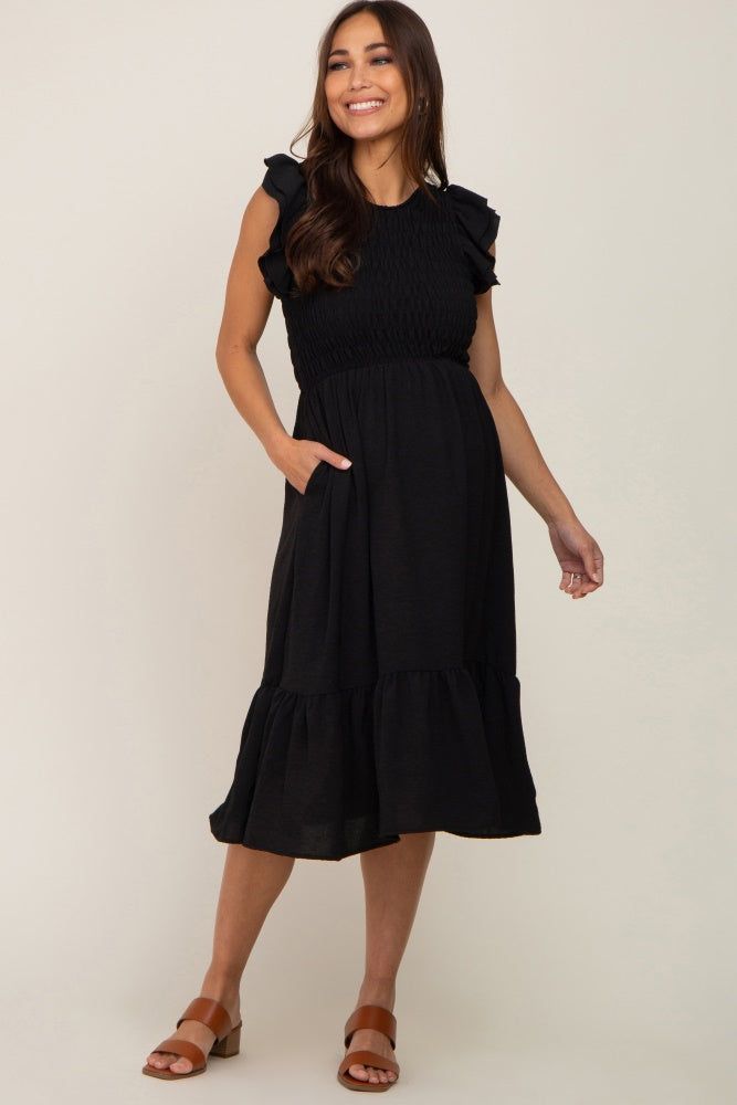 Black Smocked Layered Ruffle Flutter Sleeve Maternity Midi Dress sold by Pinkblush