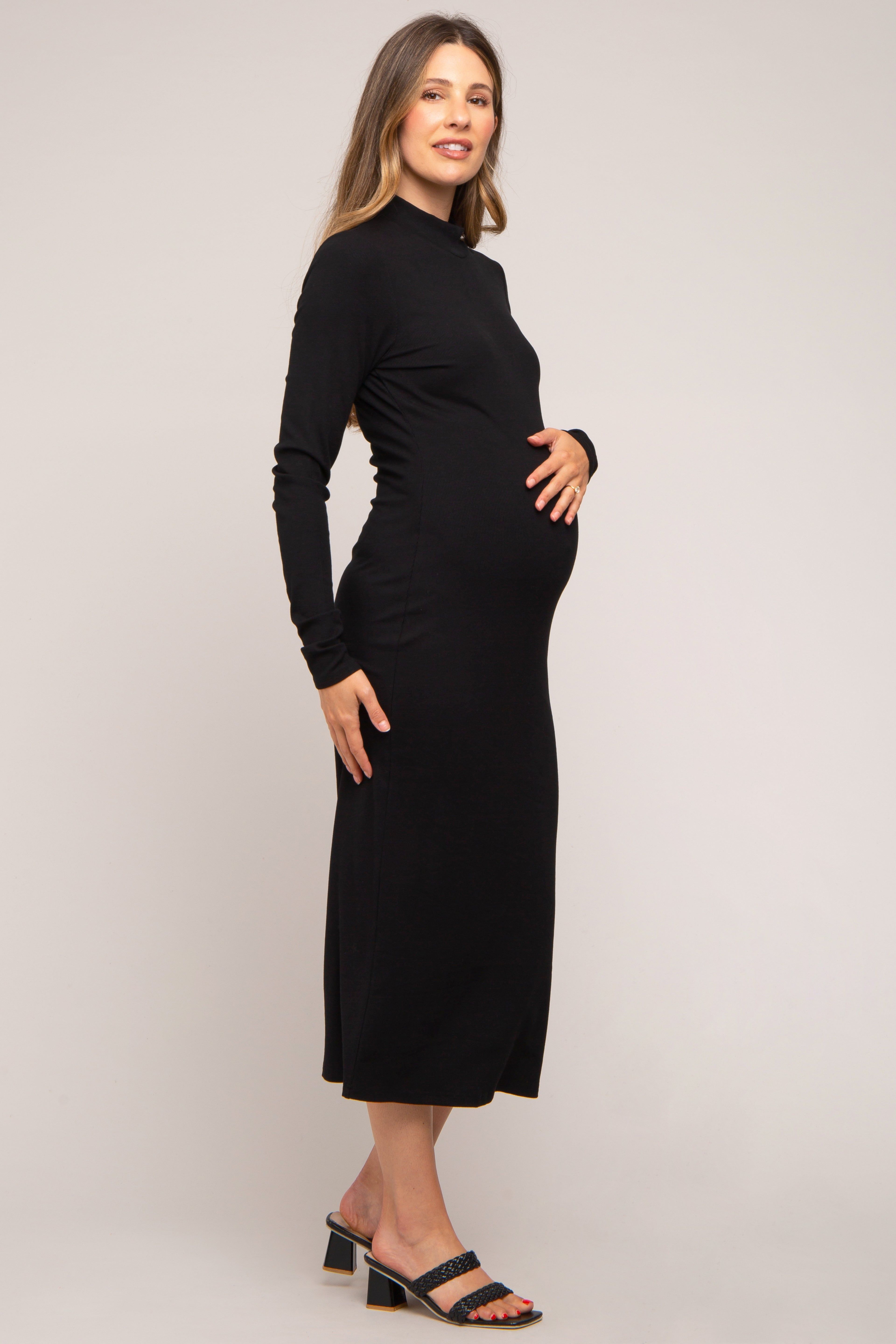Black Ribbed Mock Neck Maternity Midi Dress sold by Pinkblush product image thumbnail 2