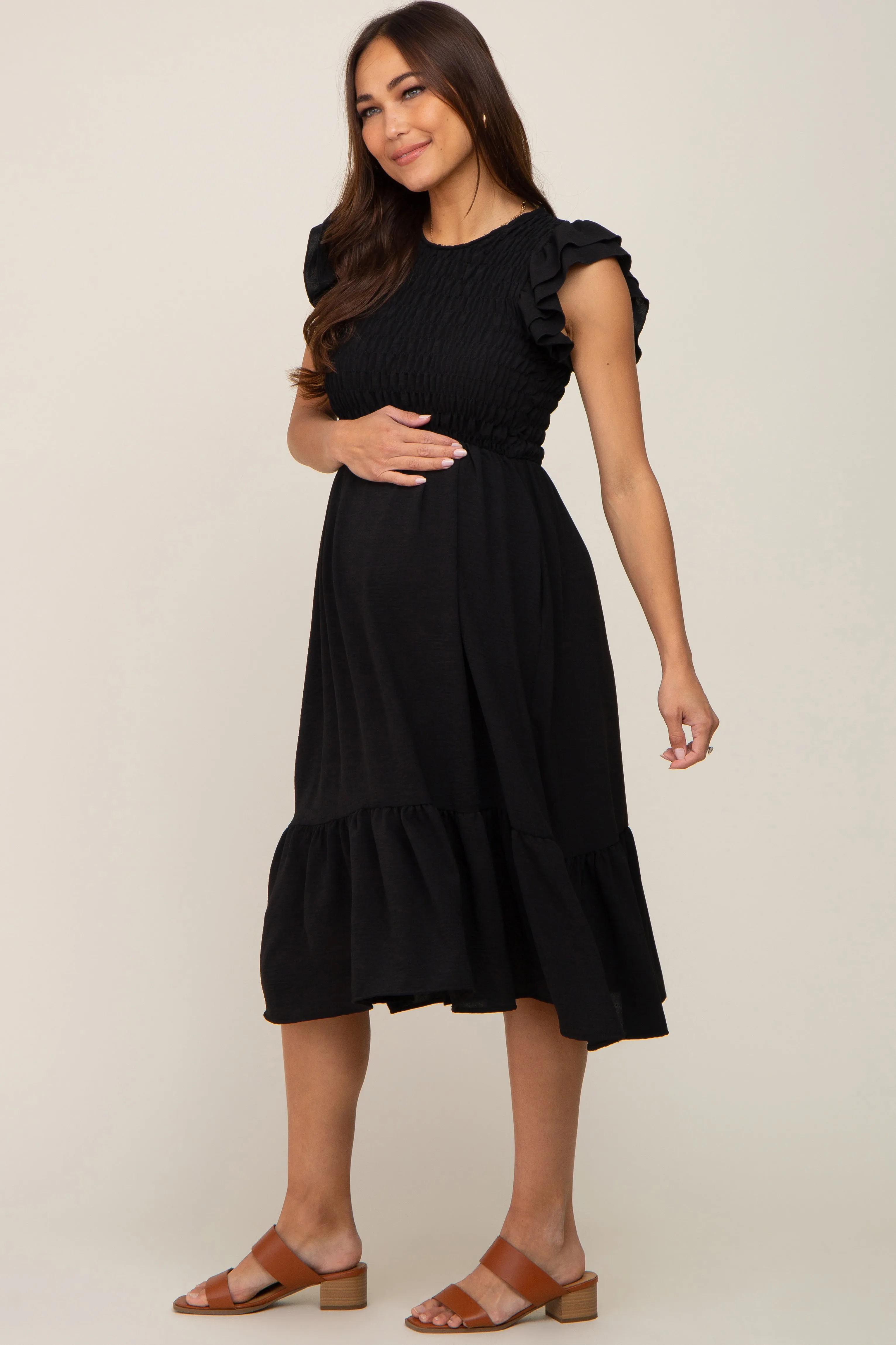 Black Smocked Layered Ruffle Flutter Sleeve Maternity Midi Dress sold by Pinkblush product image thumbnail 2