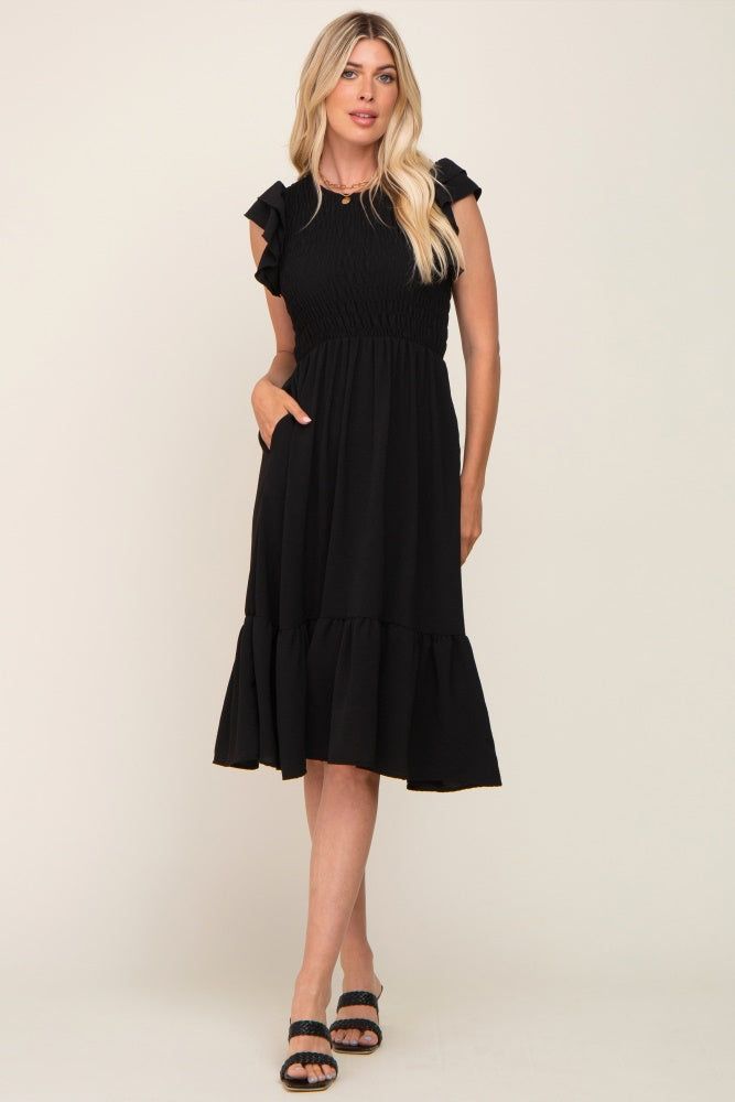Black Smocked Layered Ruffle Flutter Sleeve Maternity Midi Dress sold by Pinkblush product image thumbnail 5