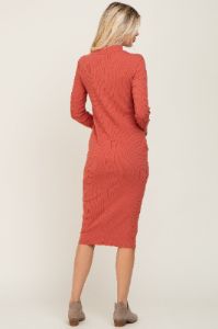 Rust Ribbed Long Sleeve Mock Neck Midi Dress sold by Pinkblush