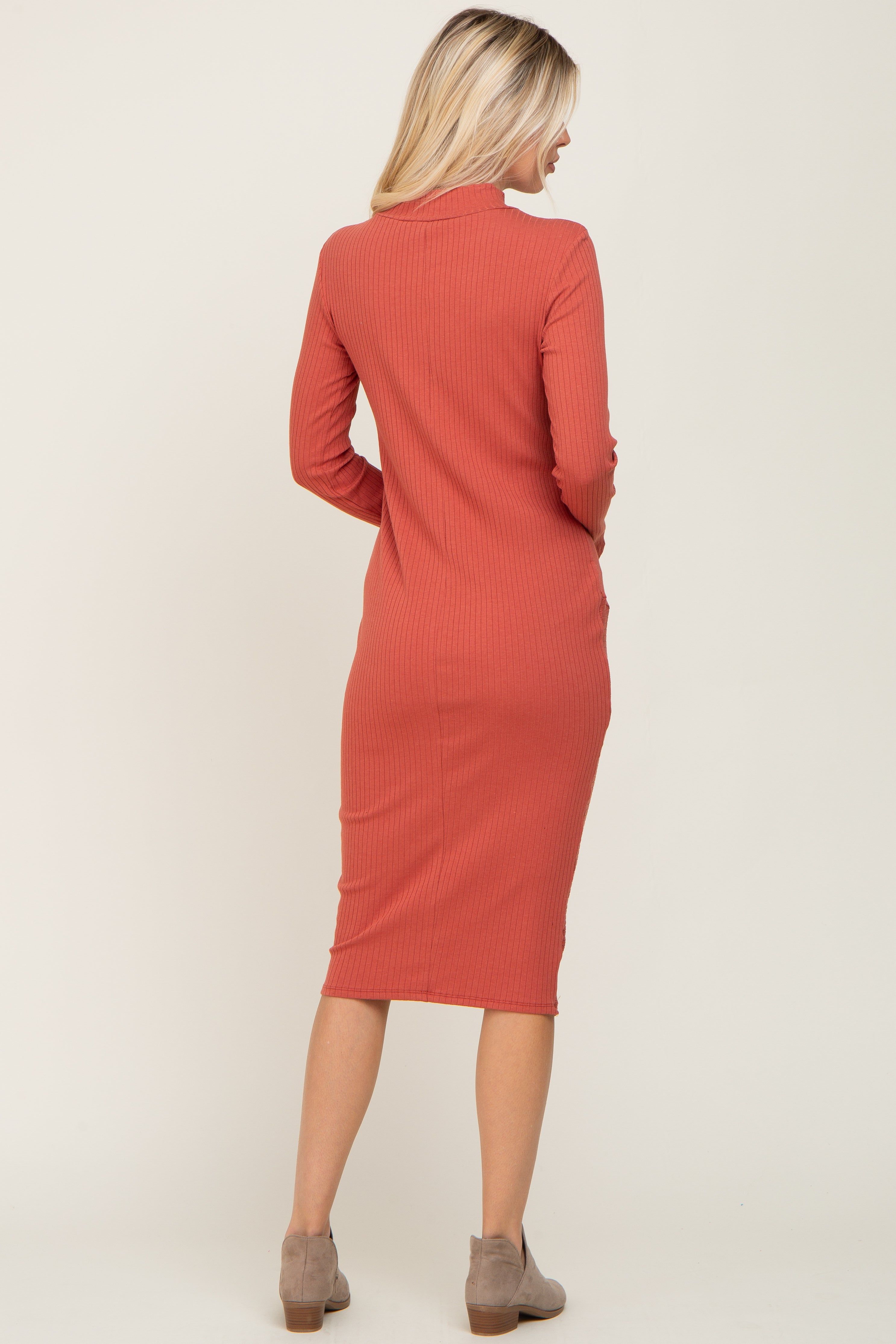 Rust Ribbed Long Sleeve Mock Neck Midi Dress sold by Pinkblush product image thumbnail 3