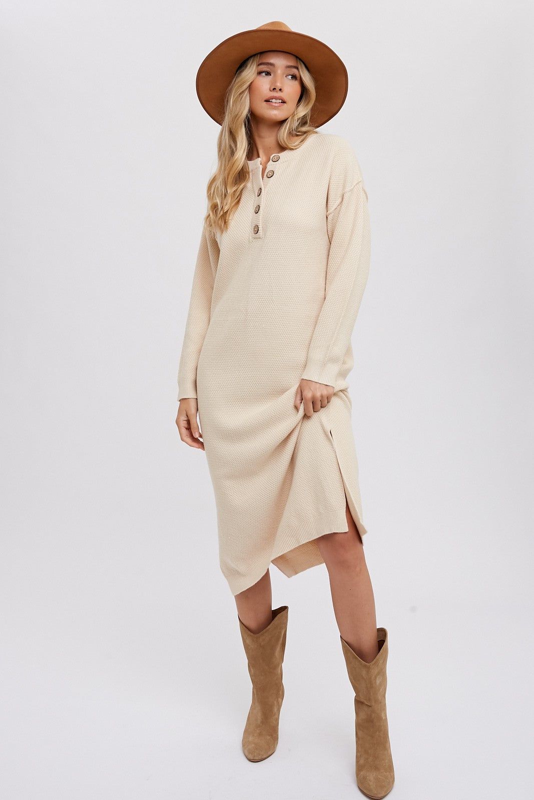 Cream Waffle Knit Button Long Sleeve Midi Dress sold by Pinkblush product image thumbnail 2