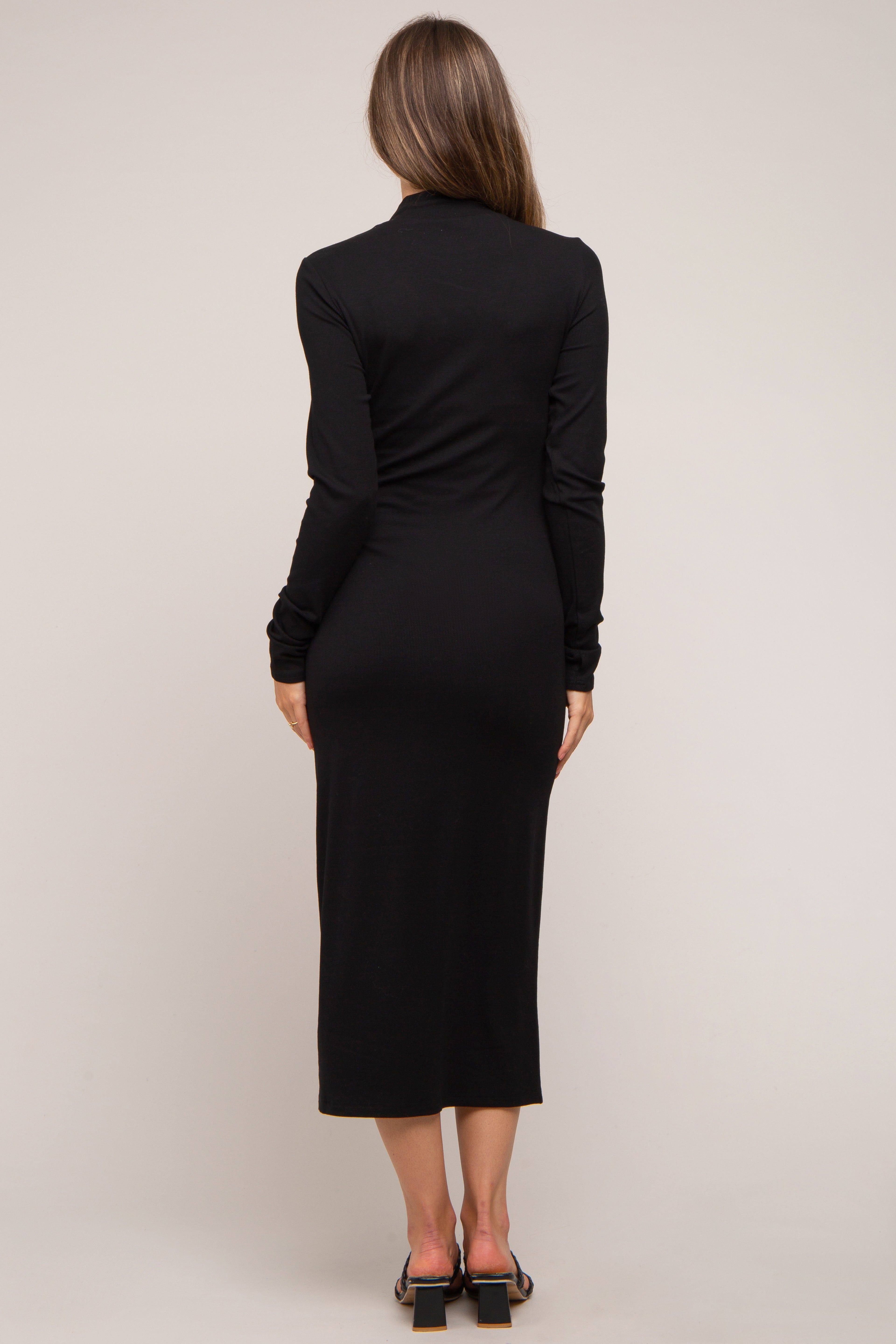 Black Ribbed Mock Neck Maternity Midi Dress sold by Pinkblush product image thumbnail 3