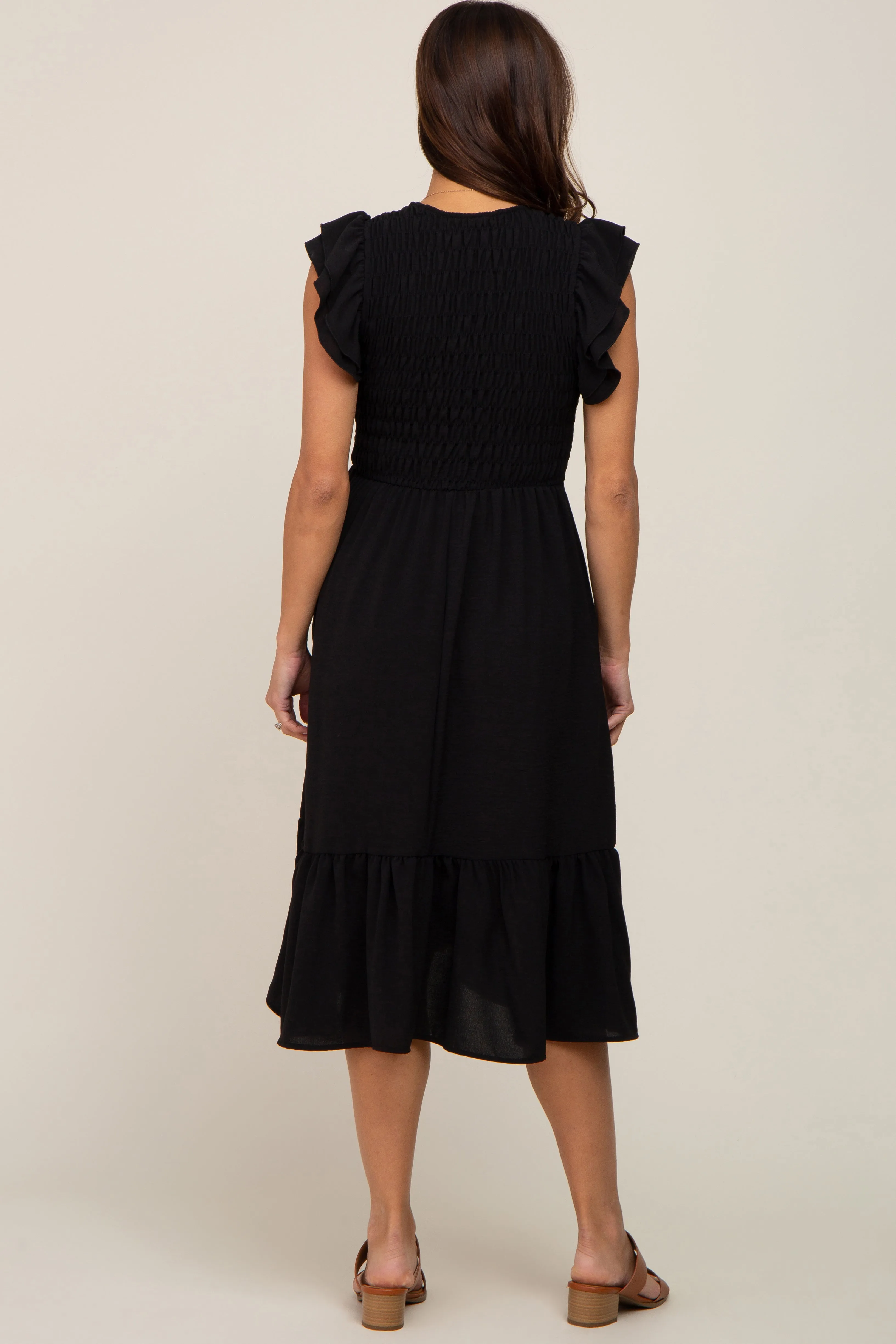 Black Smocked Layered Ruffle Flutter Sleeve Maternity Midi Dress sold by Pinkblush product image thumbnail 3