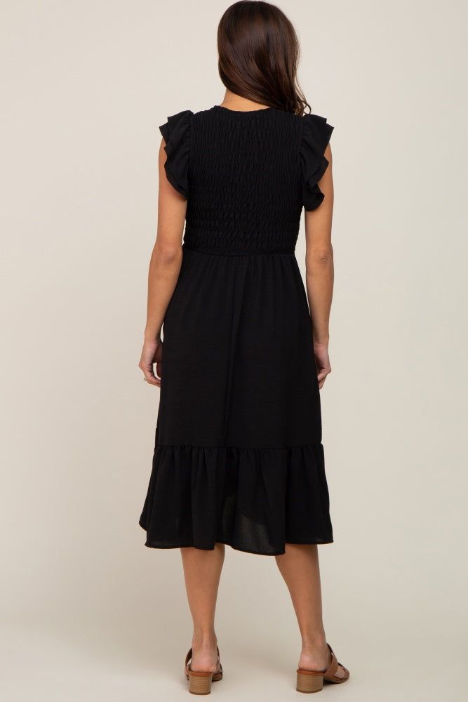 Black Smocked Layered Ruffle Flutter Sleeve Maternity Midi Dress sold by Pinkblush product image thumbnail 3