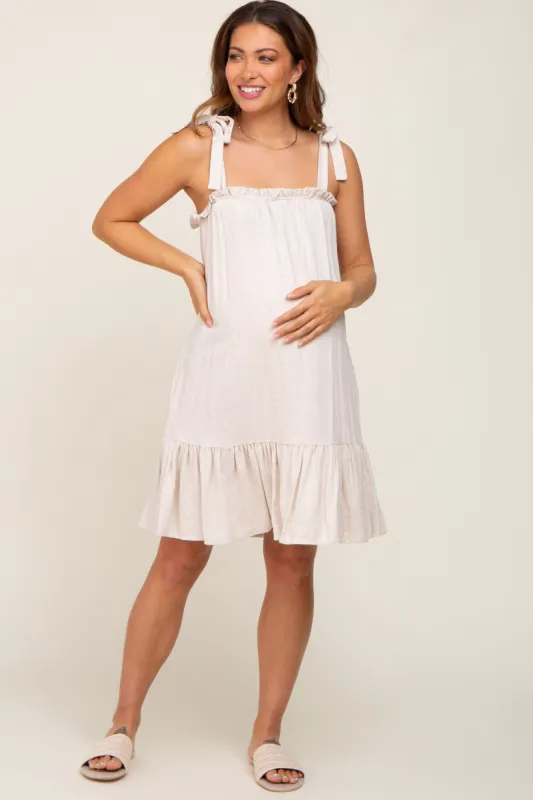 Beige Linen Square Neck Tie Strap Ruffle Hem Maternity Dress sold by Pinkblush