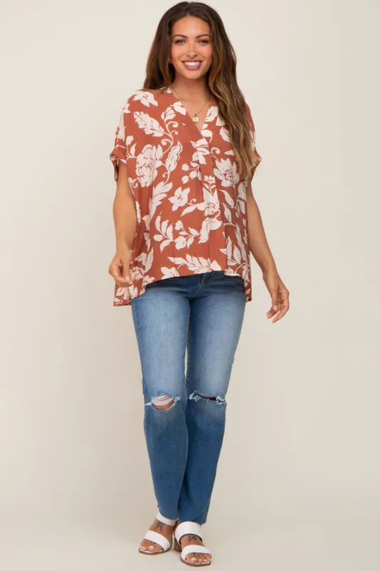 Camel Floral V-Neck Maternity Blouse sold by Pinkblush