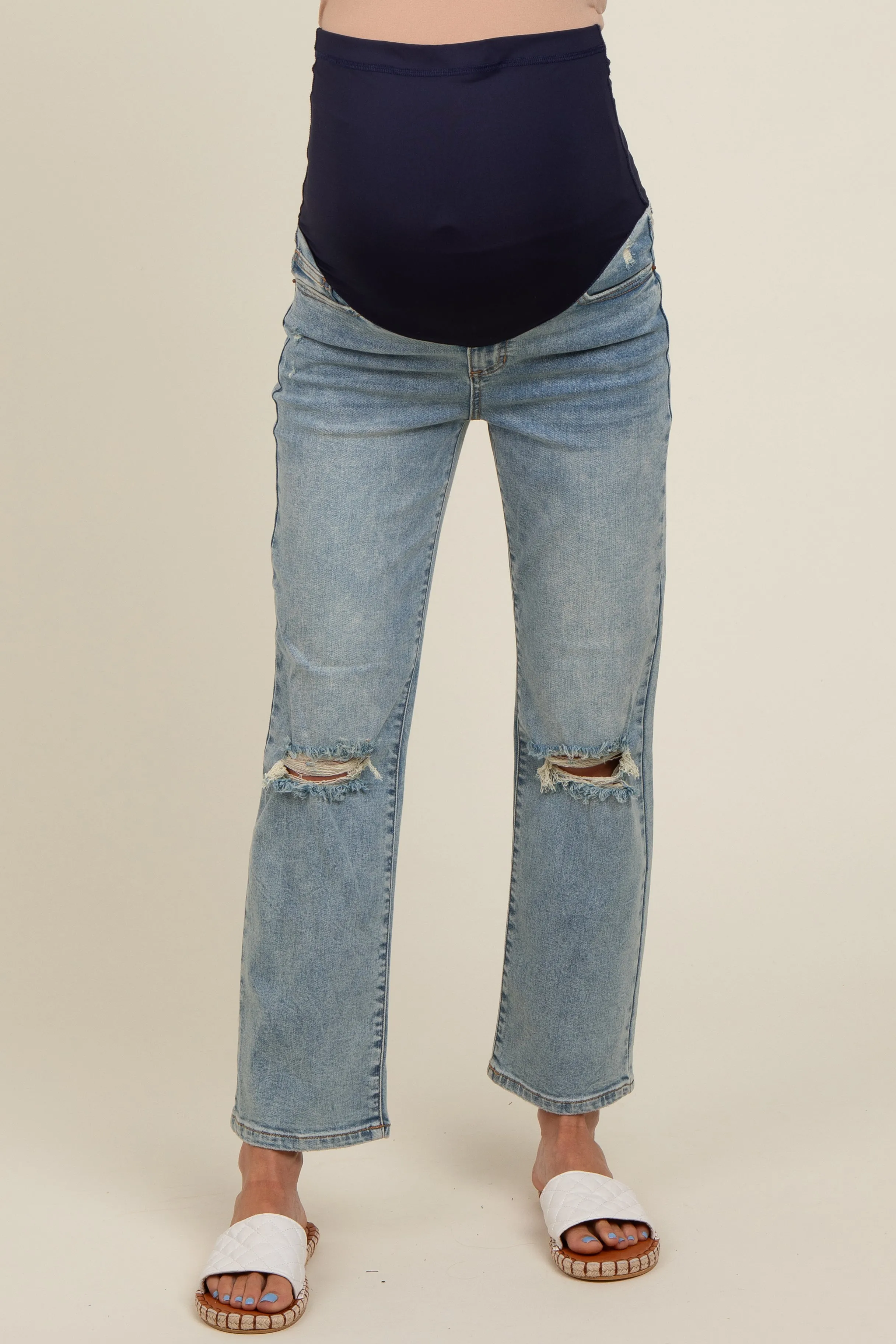 Light Blue Distressed Knee Crop Maternity Jeans sold by Pinkblush product image thumbnail 2
