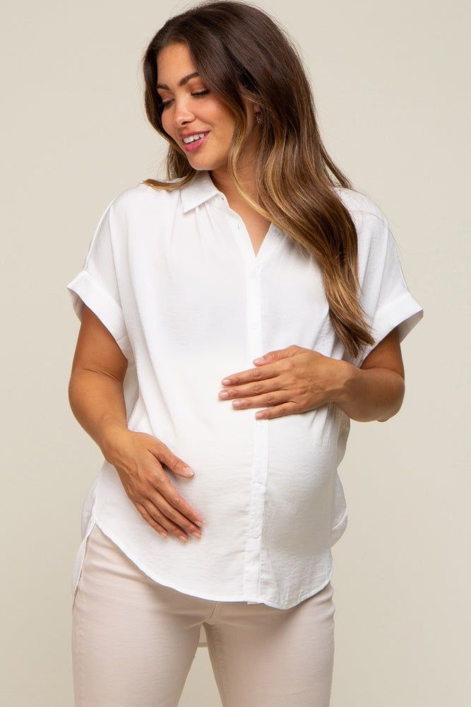 White Satin Button Front Collared Short Sleeve Maternity Top sold by Pinkblush