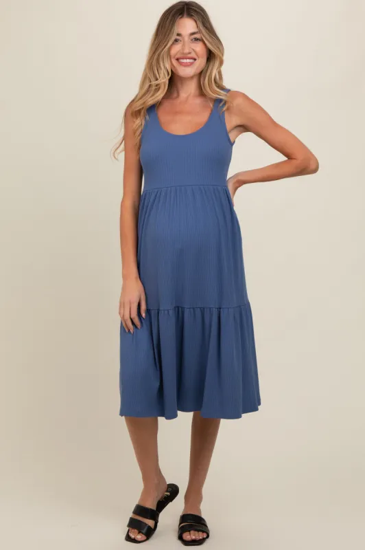 Blue Tiered Sleeveless Maternity Midi Dress sold by Pinkblush