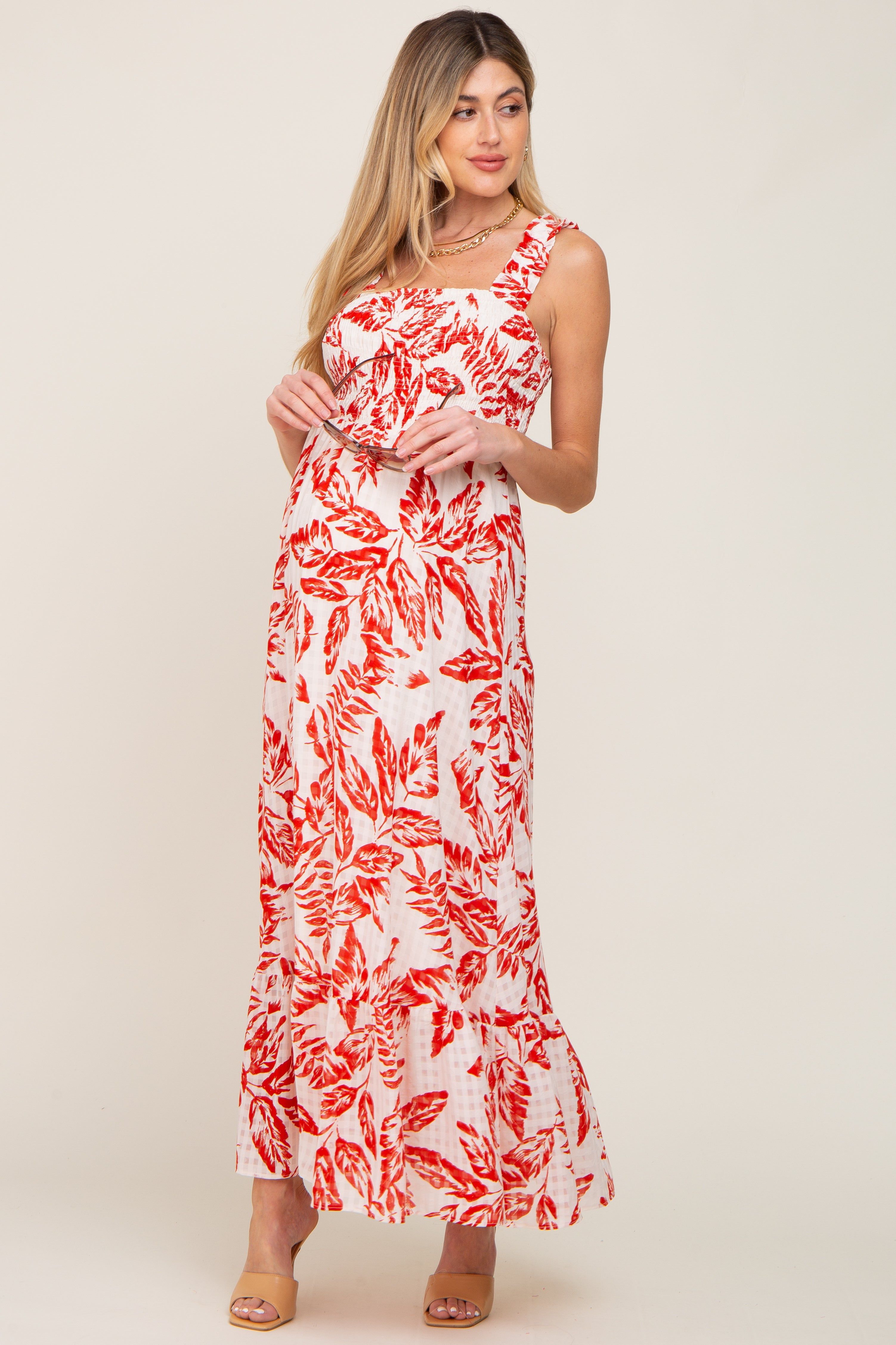 Red Leaf Printed Smocked Ruffle Maternity Maxi Dress sold by Pinkblush product image thumbnail 2