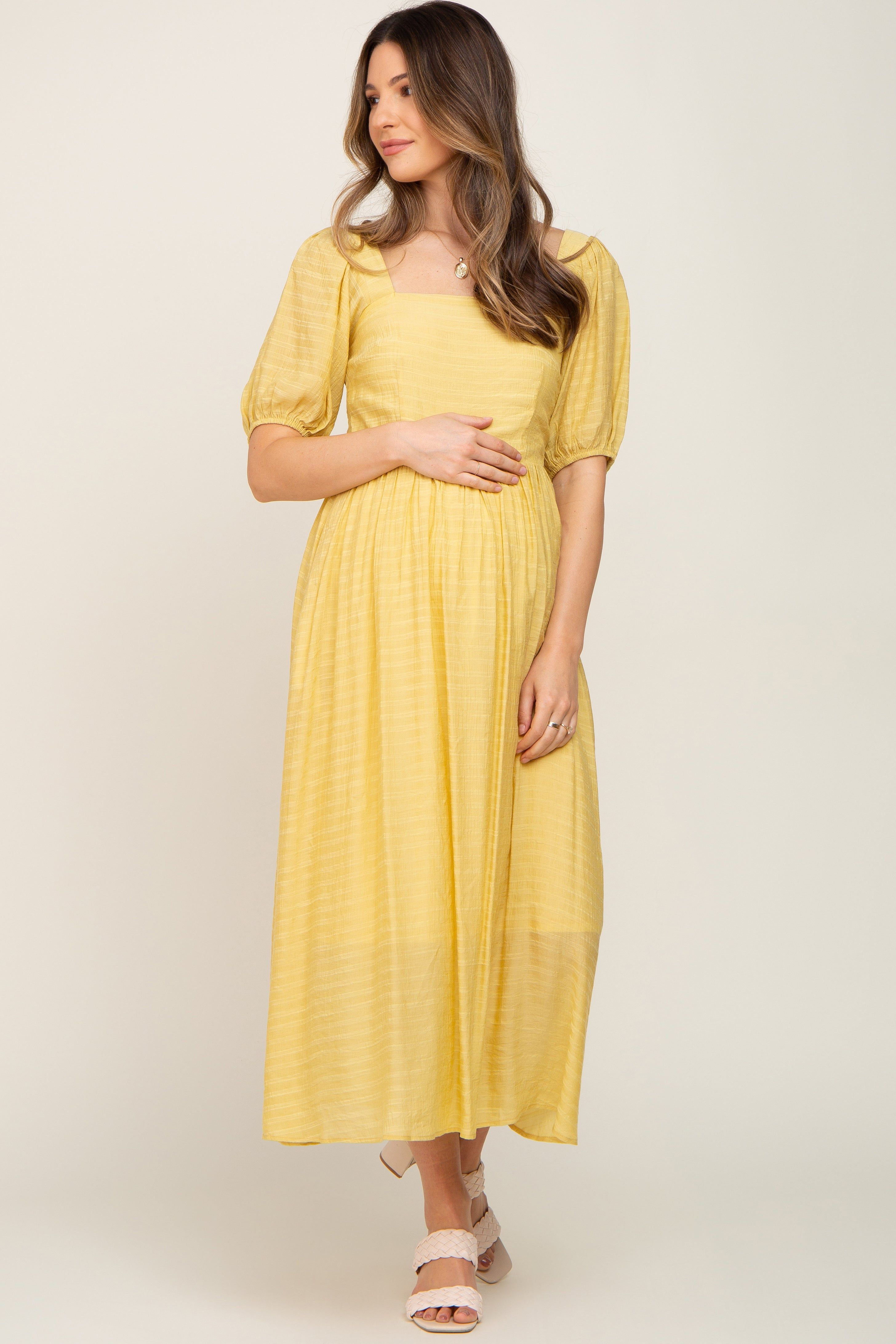 Yellow Striped Puff Sleeve Maternity Midi Dress sold by Pinkblush product image thumbnail 5