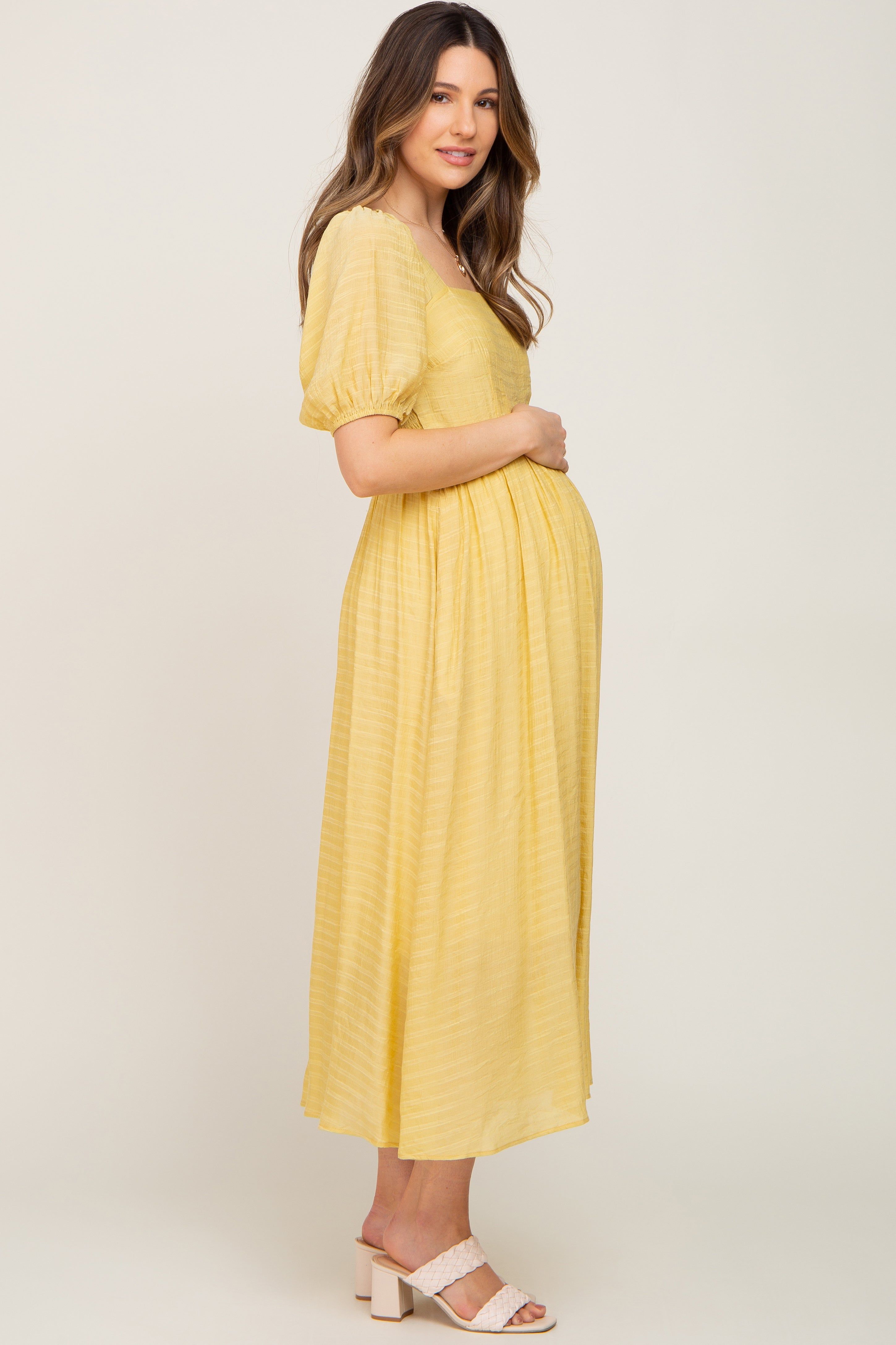 Yellow Striped Puff Sleeve Maternity Midi Dress sold by Pinkblush product image thumbnail 2