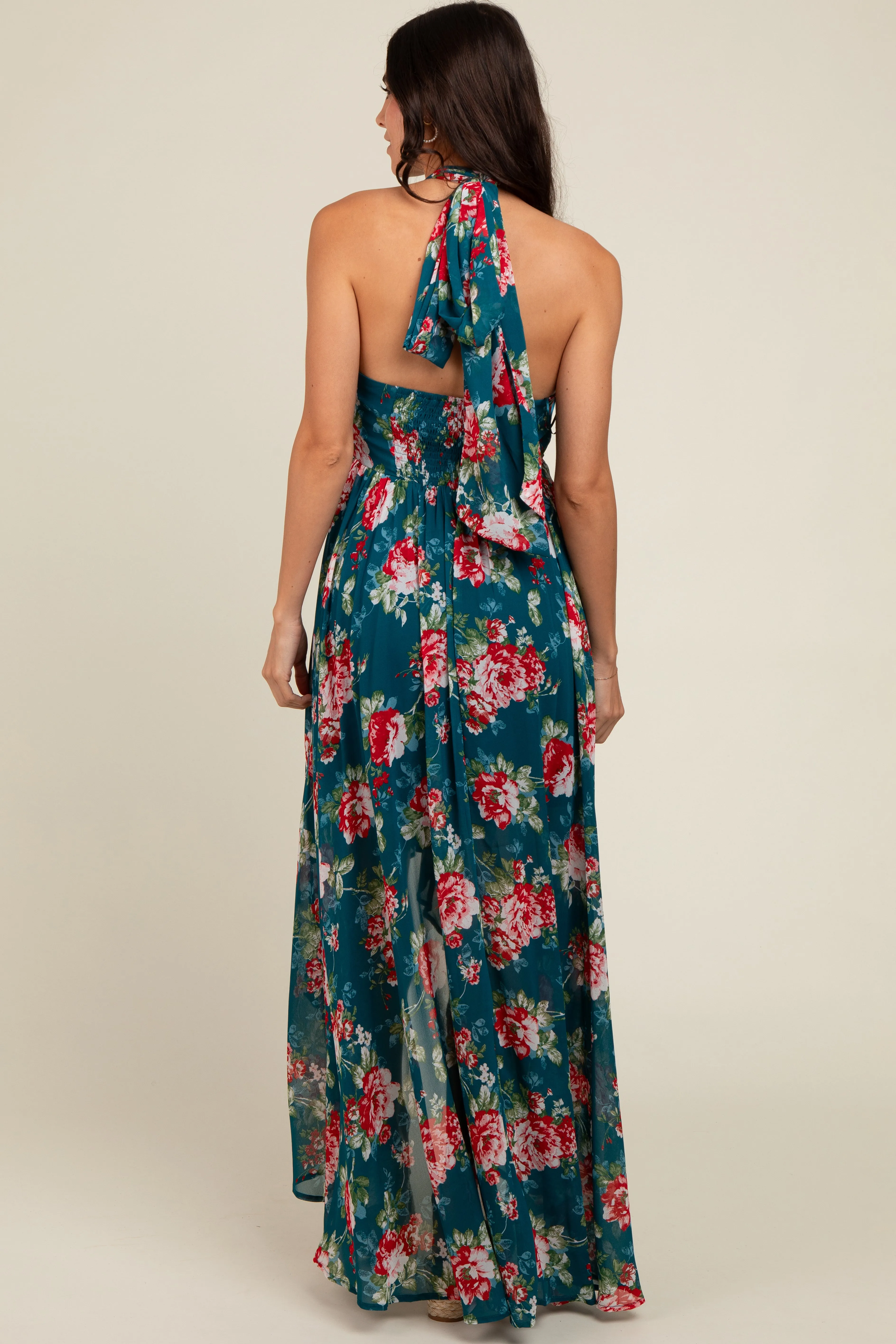 Teal Floral Halter Tie Back Hi-Lo Dress sold by Pinkblush product image thumbnail 4