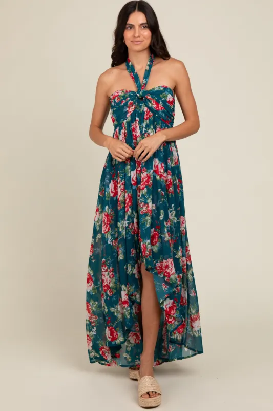 Teal Floral Halter Tie Back Hi-Lo Dress sold by Pinkblush