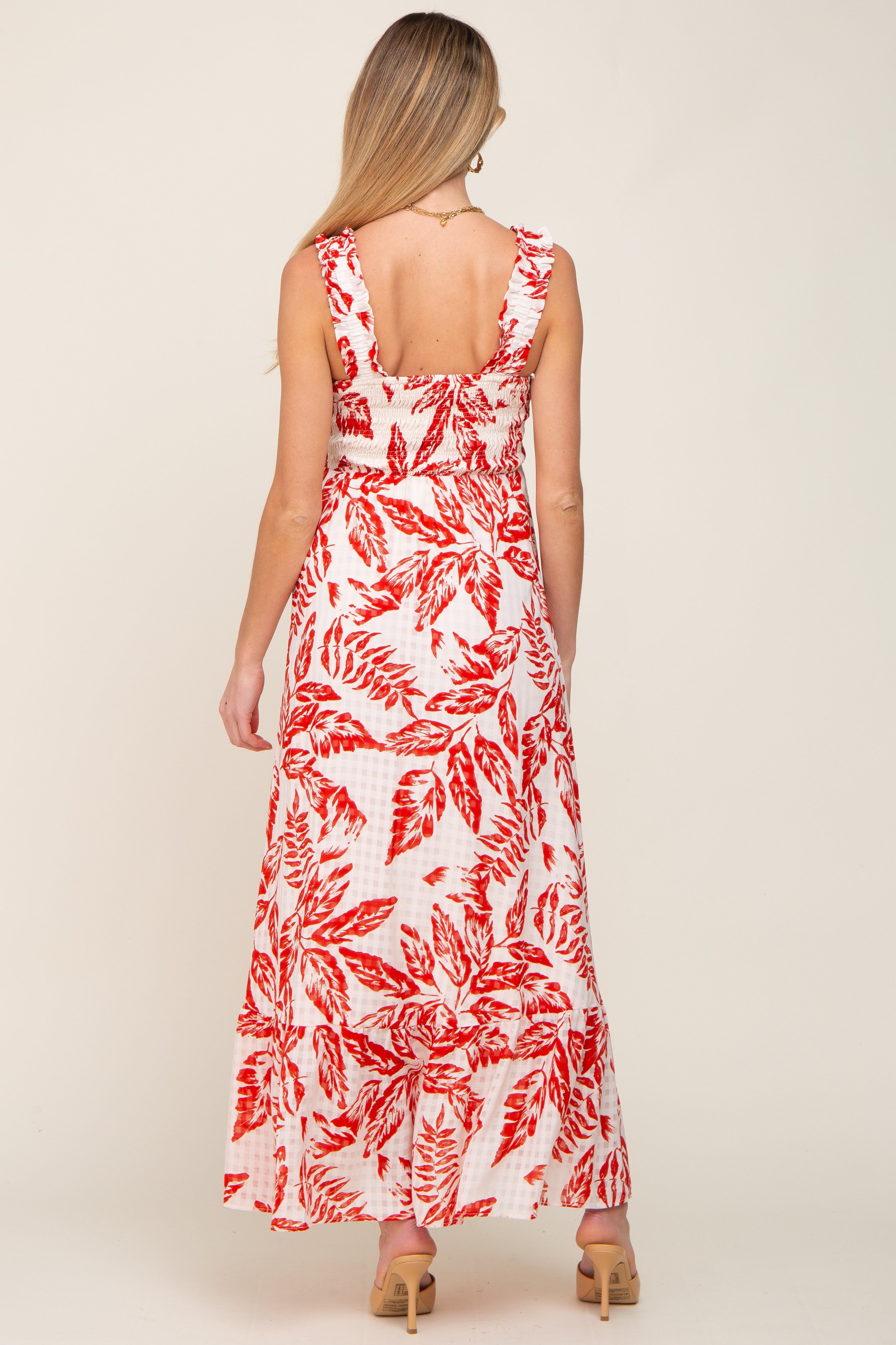 Red Leaf Printed Smocked Ruffle Maternity Maxi Dress sold by Pinkblush product image thumbnail 3