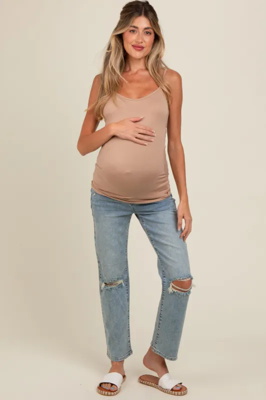 Light Blue Distressed Knee Crop Maternity Jeans sold by Pinkblush