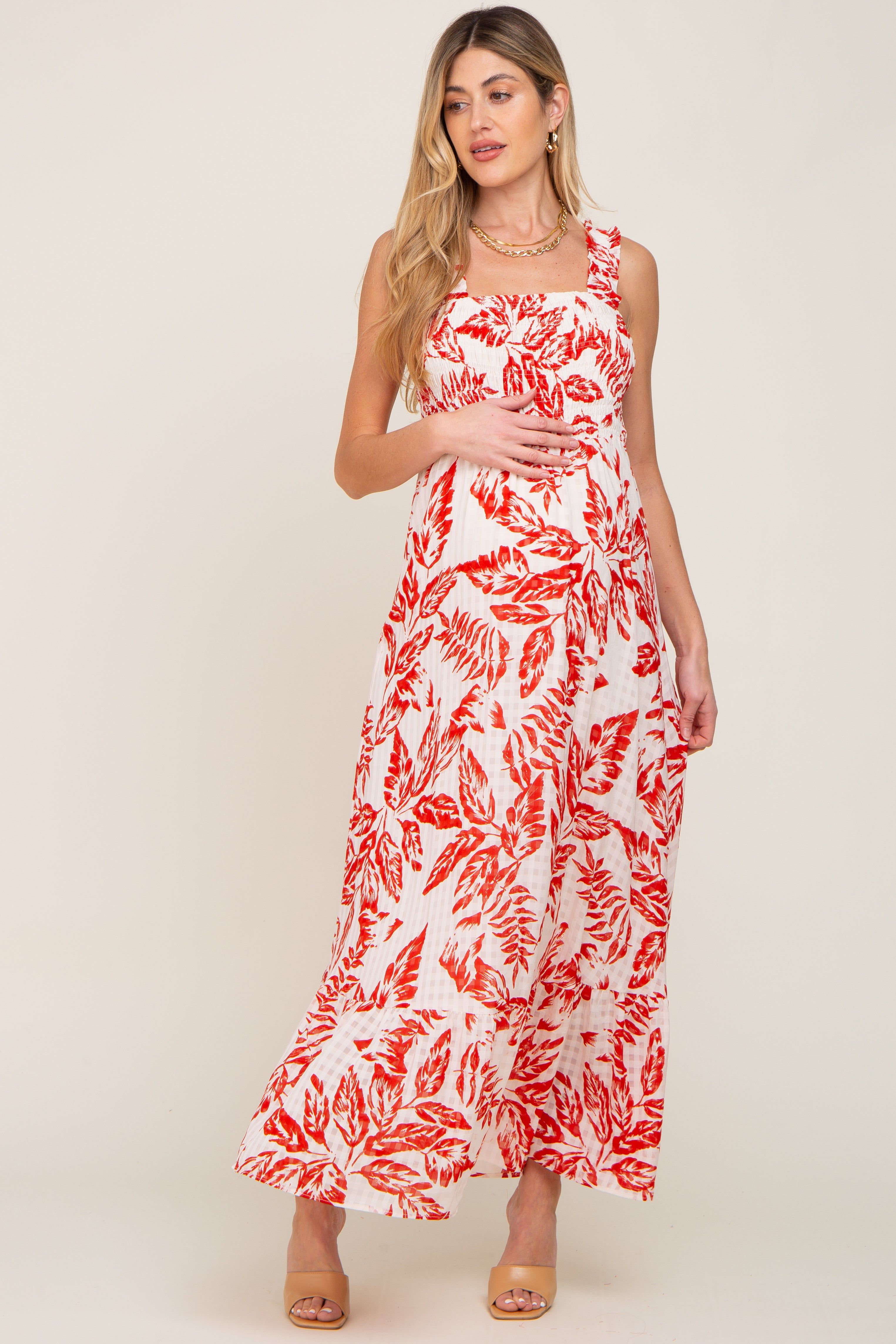 Red Leaf Printed Smocked Ruffle Maternity Maxi Dress sold by Pinkblush product image thumbnail 4
