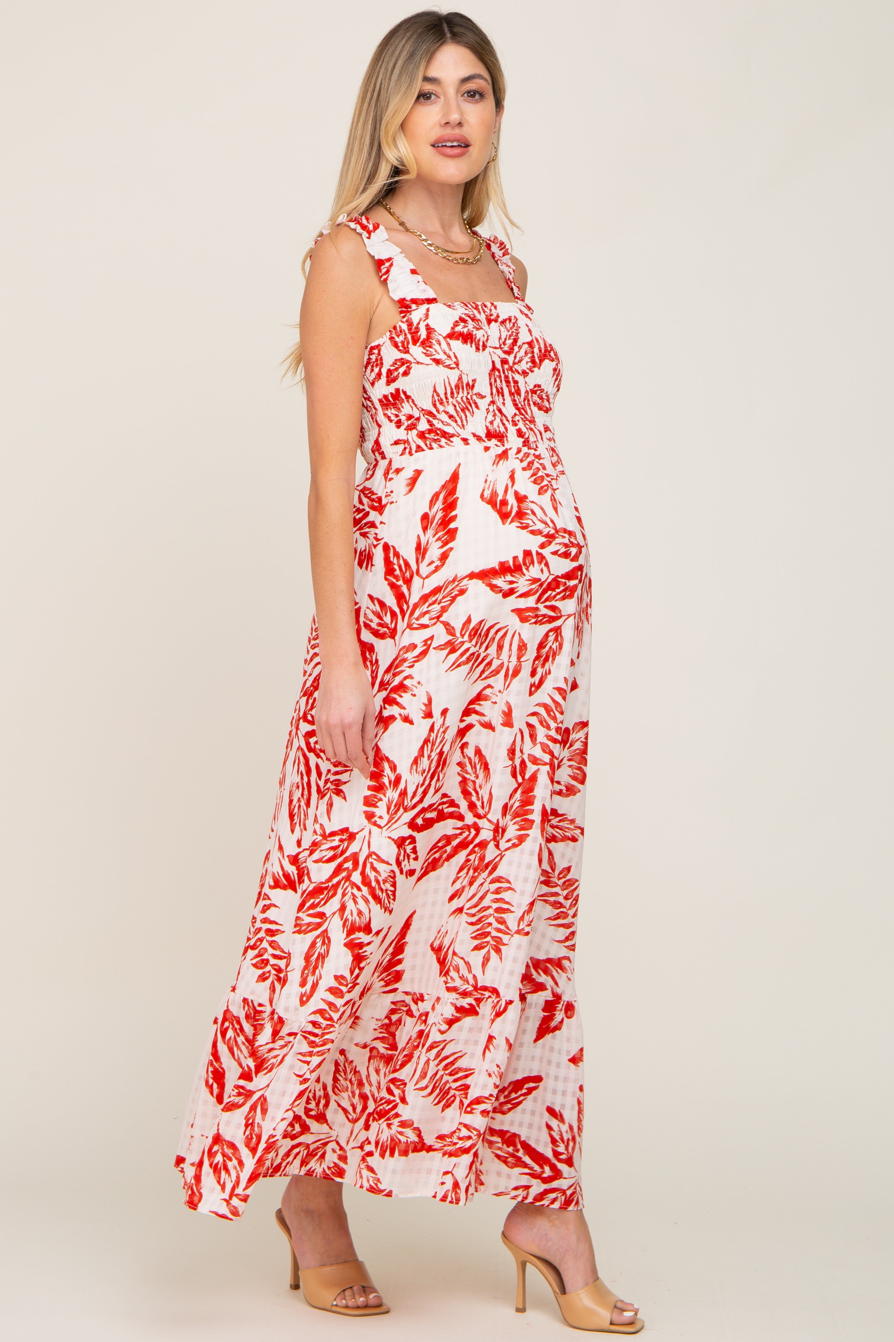 Red Leaf Printed Smocked Ruffle Maternity Maxi Dress sold by Pinkblush