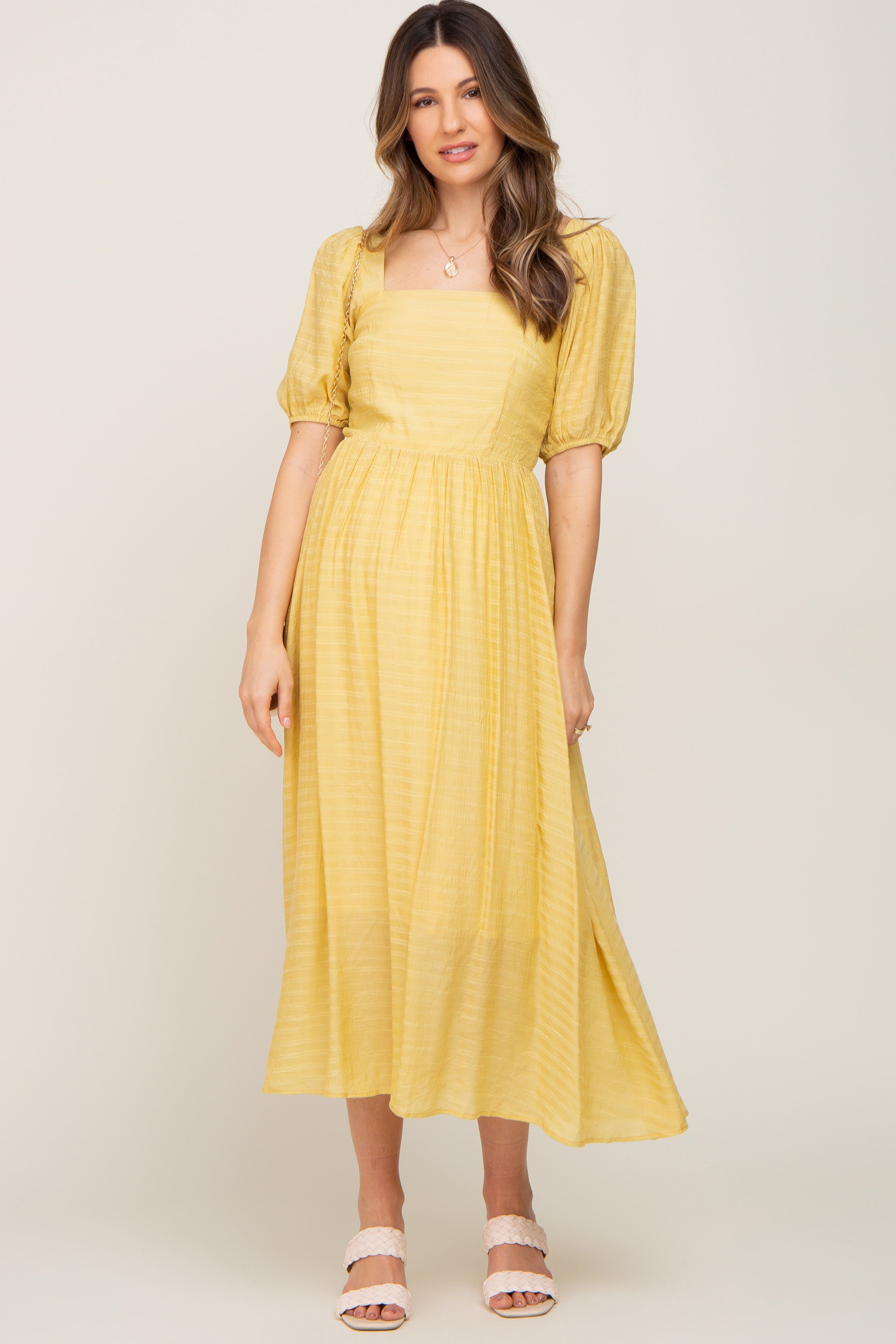 Yellow Striped Puff Sleeve Maternity Midi Dress sold by Pinkblush product image thumbnail 4