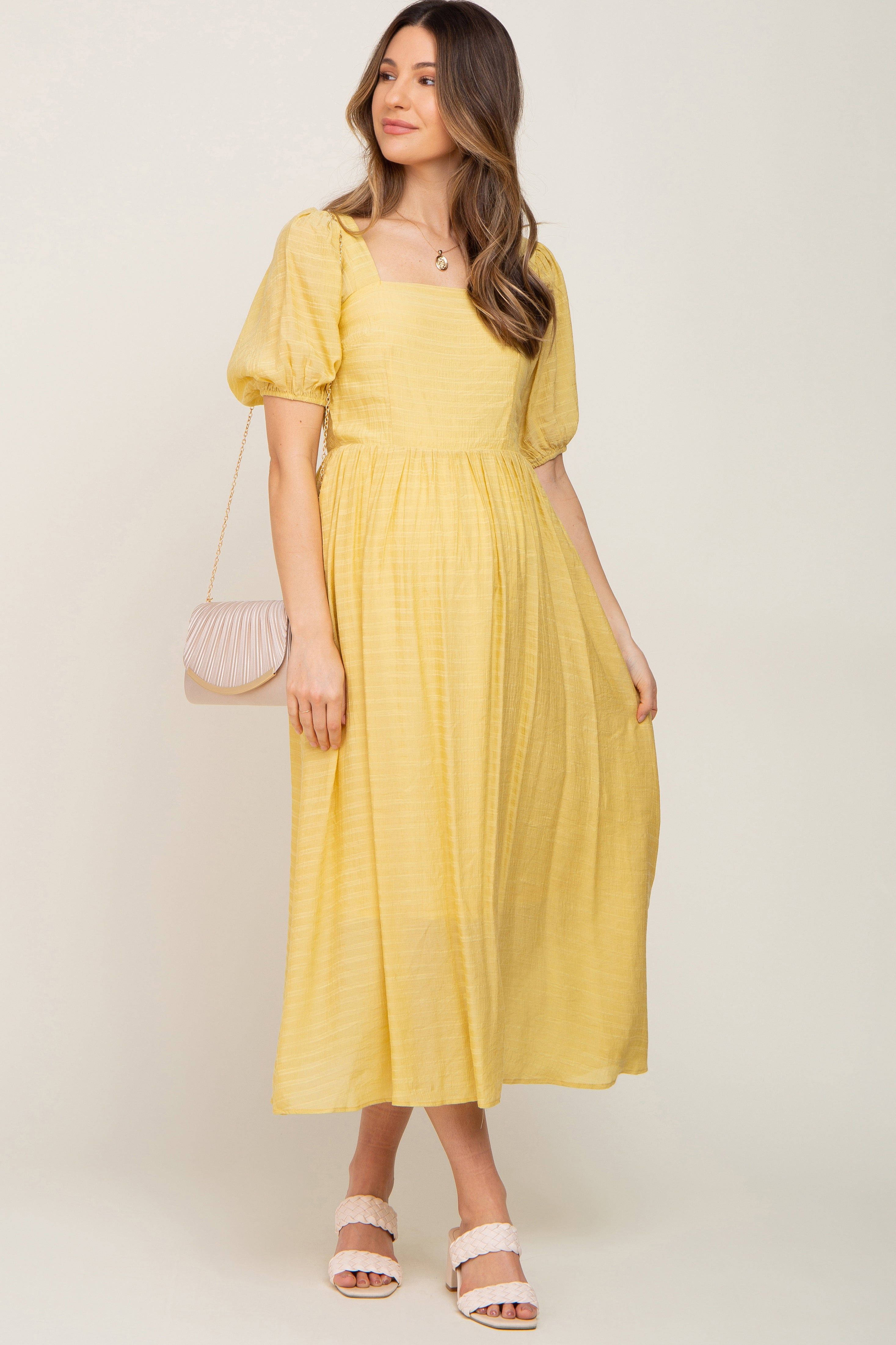 Yellow Striped Puff Sleeve Maternity Midi Dress sold by Pinkblush