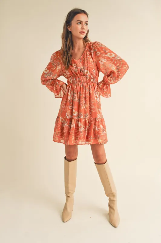 Rust Multi Floral Long Puff Sleeve Tiered Mini Dress sold by Pinkblush