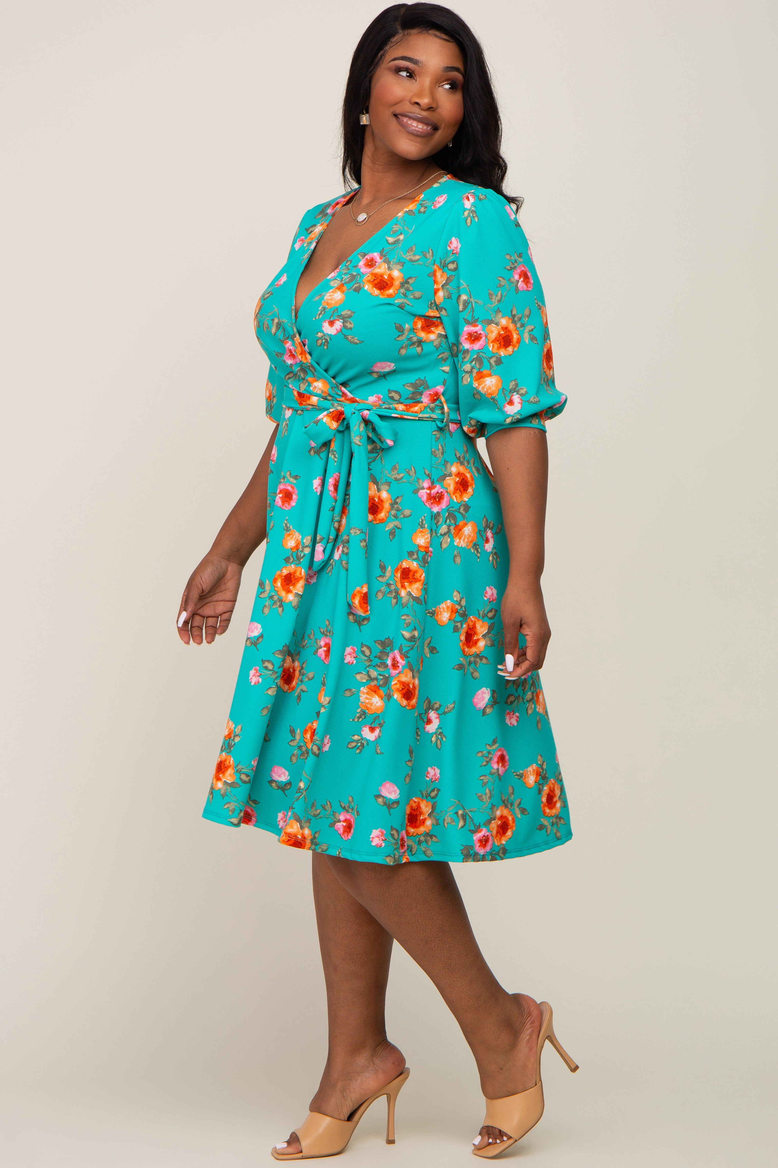 Mint Green Floral Wrap Front V-Neck Plus Dress sold by Pinkblush product image thumbnail 2