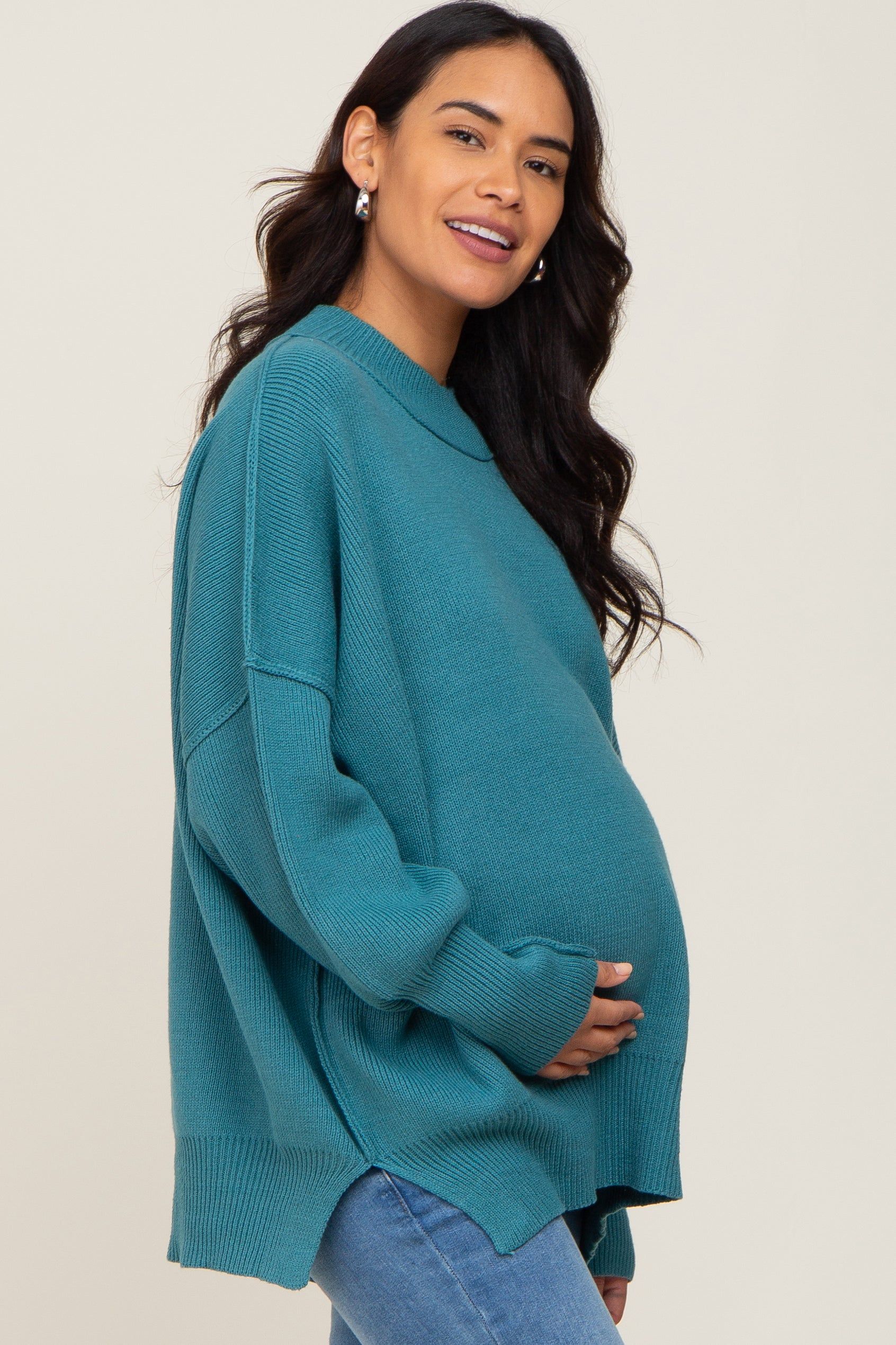 Teal Blue Mock Neck Exposed Seam Maternity Sweater sold by Pinkblush product image thumbnail 3