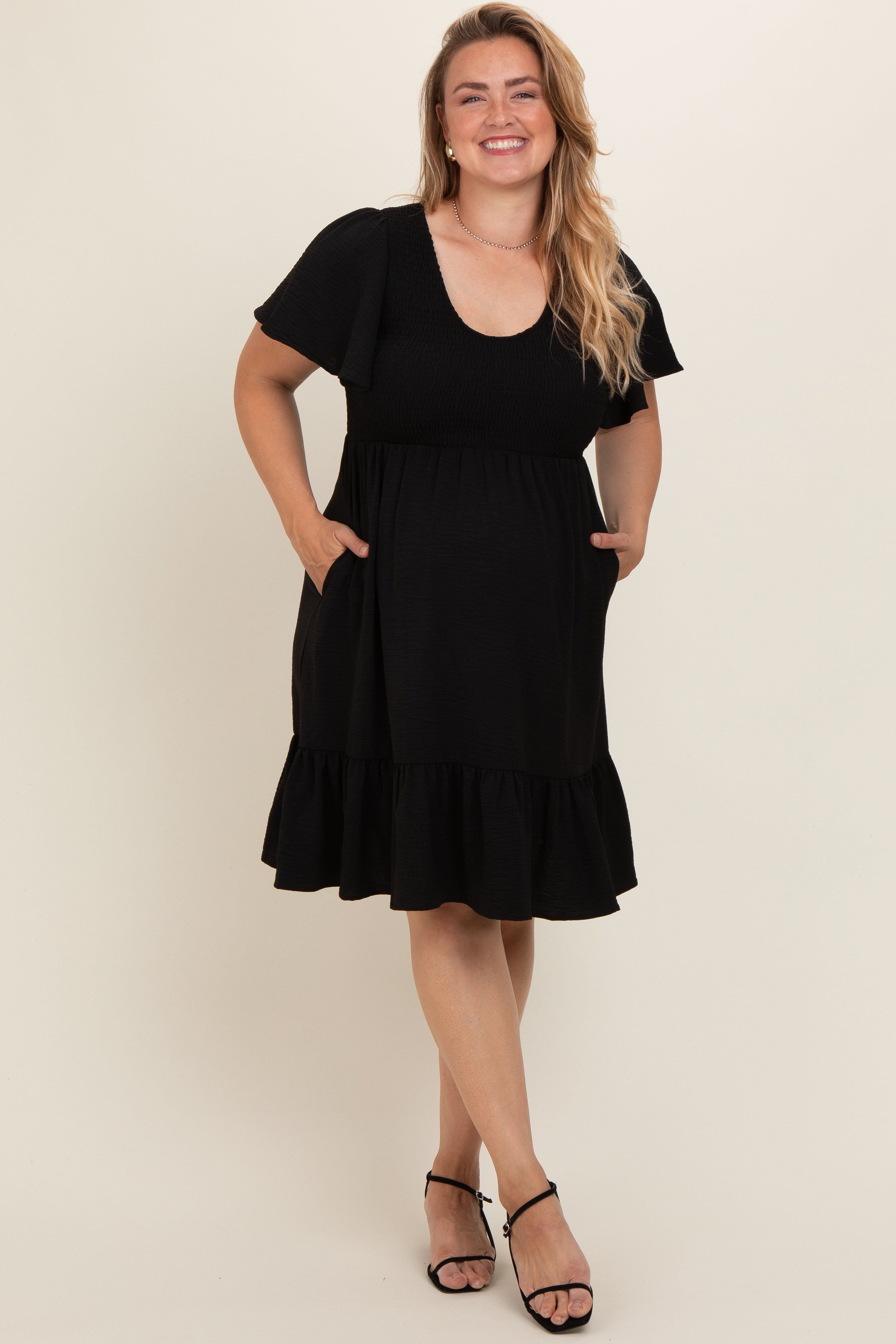 Black Smocked Ruffle Hem Maternity Plus Dress sold by Pinkblush product image thumbnail 2