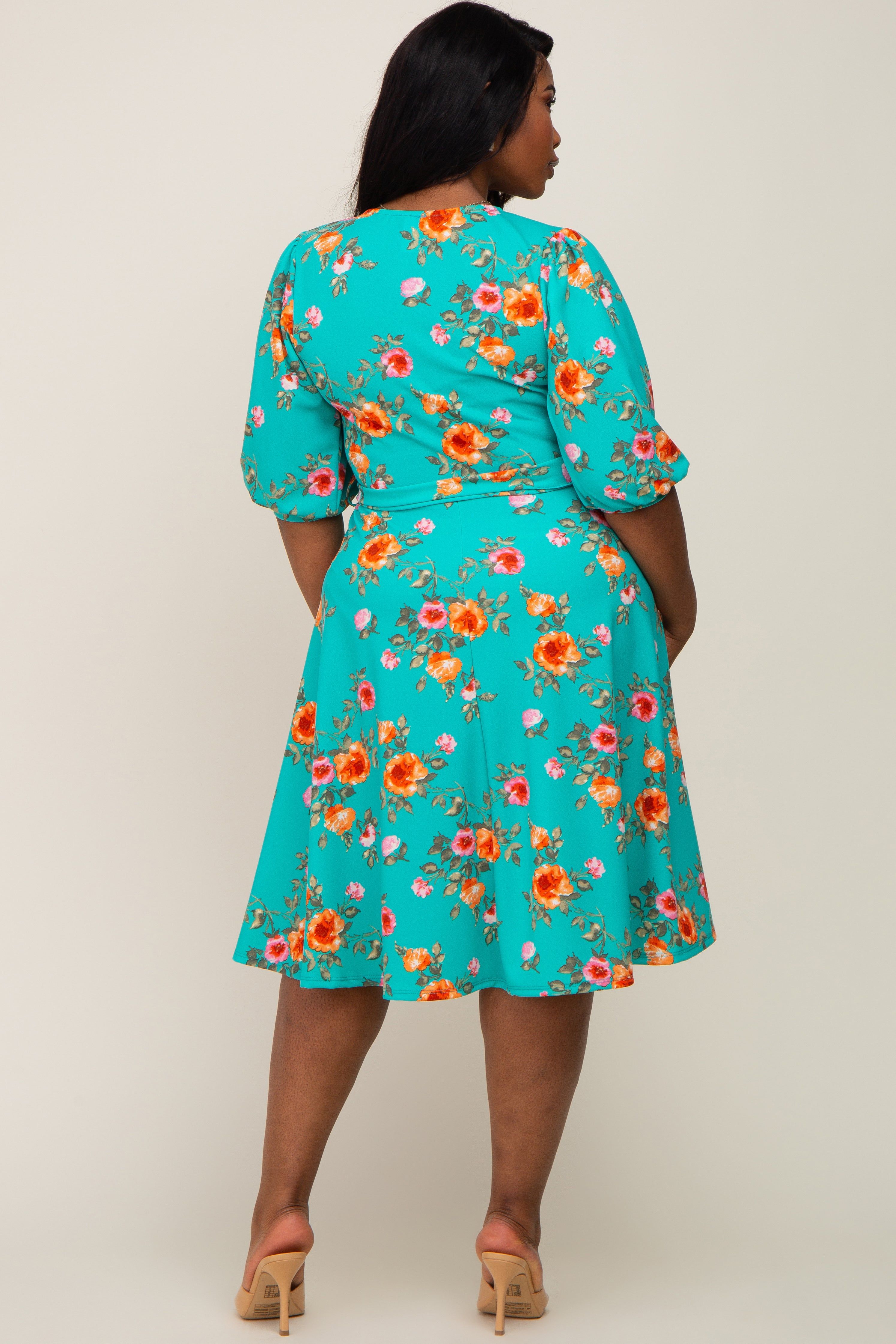 Mint Green Floral Wrap Front V-Neck Plus Dress sold by Pinkblush product image thumbnail 3