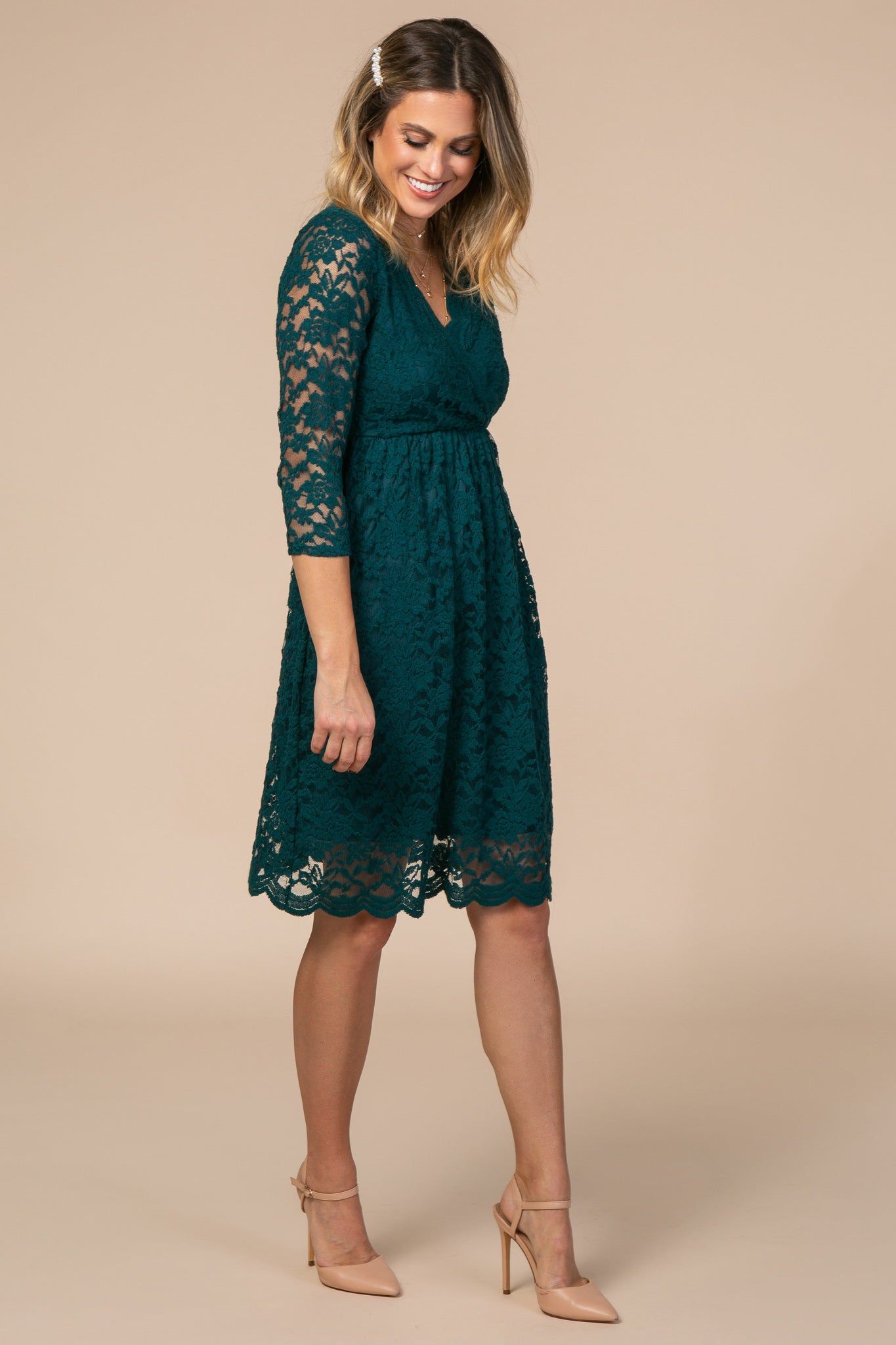 Forest Green Lace Overlay Wrap Dress sold by Pinkblush