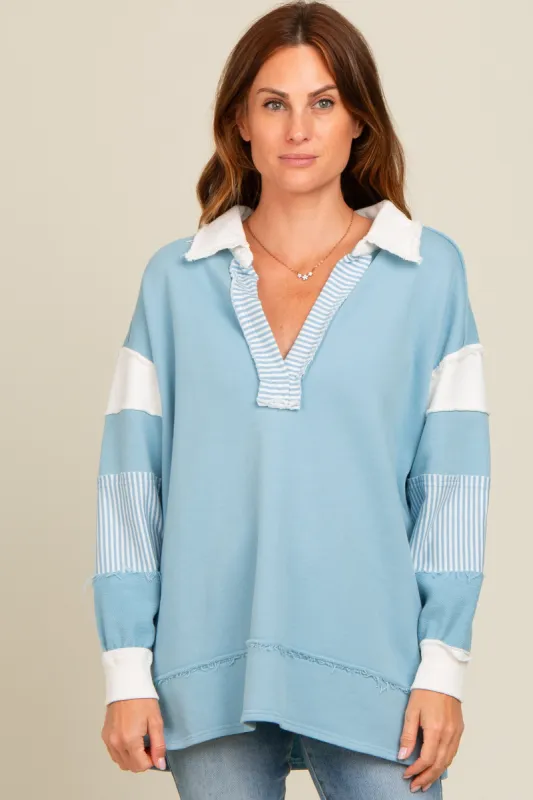 Blue Colorblock Stripe Polo Pullover Top sold by Pinkblush