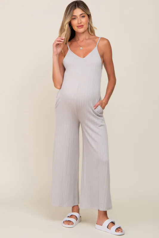 Grey Rib Knit Wide Leg Maternity Jumpsuit sold by Pinkblush