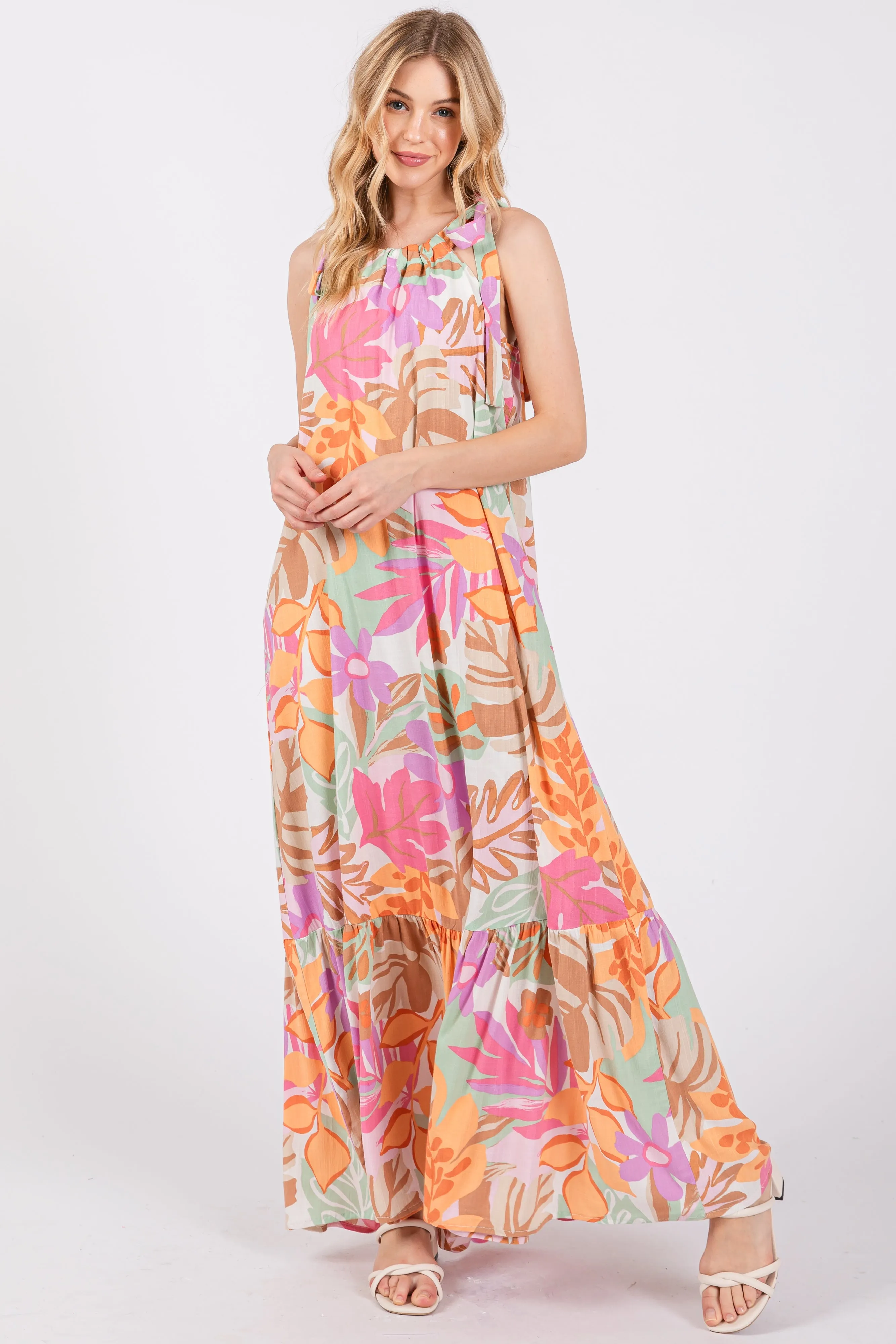 Pink Floral Shoulder Tie Empire Maxi Dress sold by Pinkblush