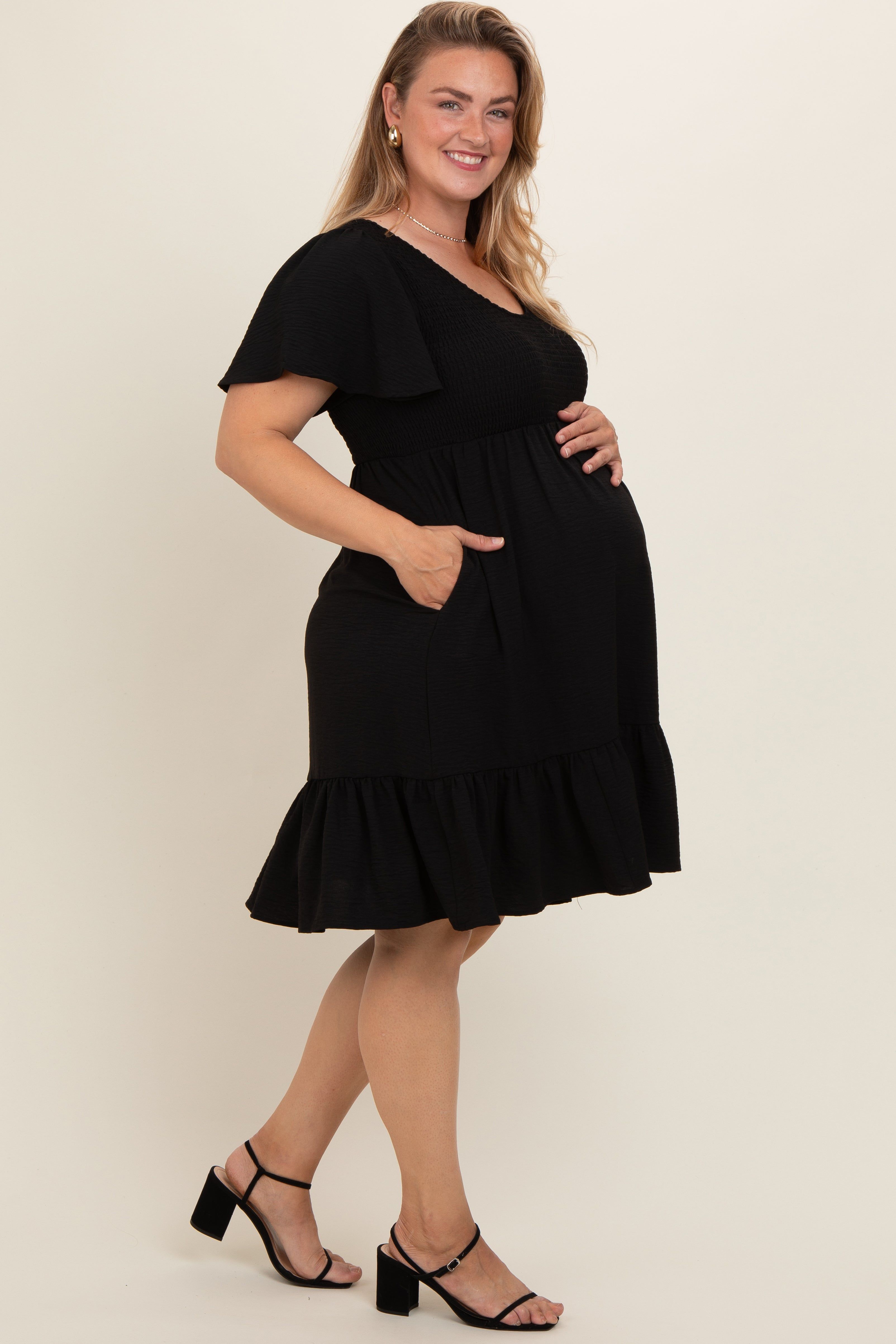 Black Smocked Ruffle Hem Maternity Plus Dress sold by Pinkblush product image thumbnail 3