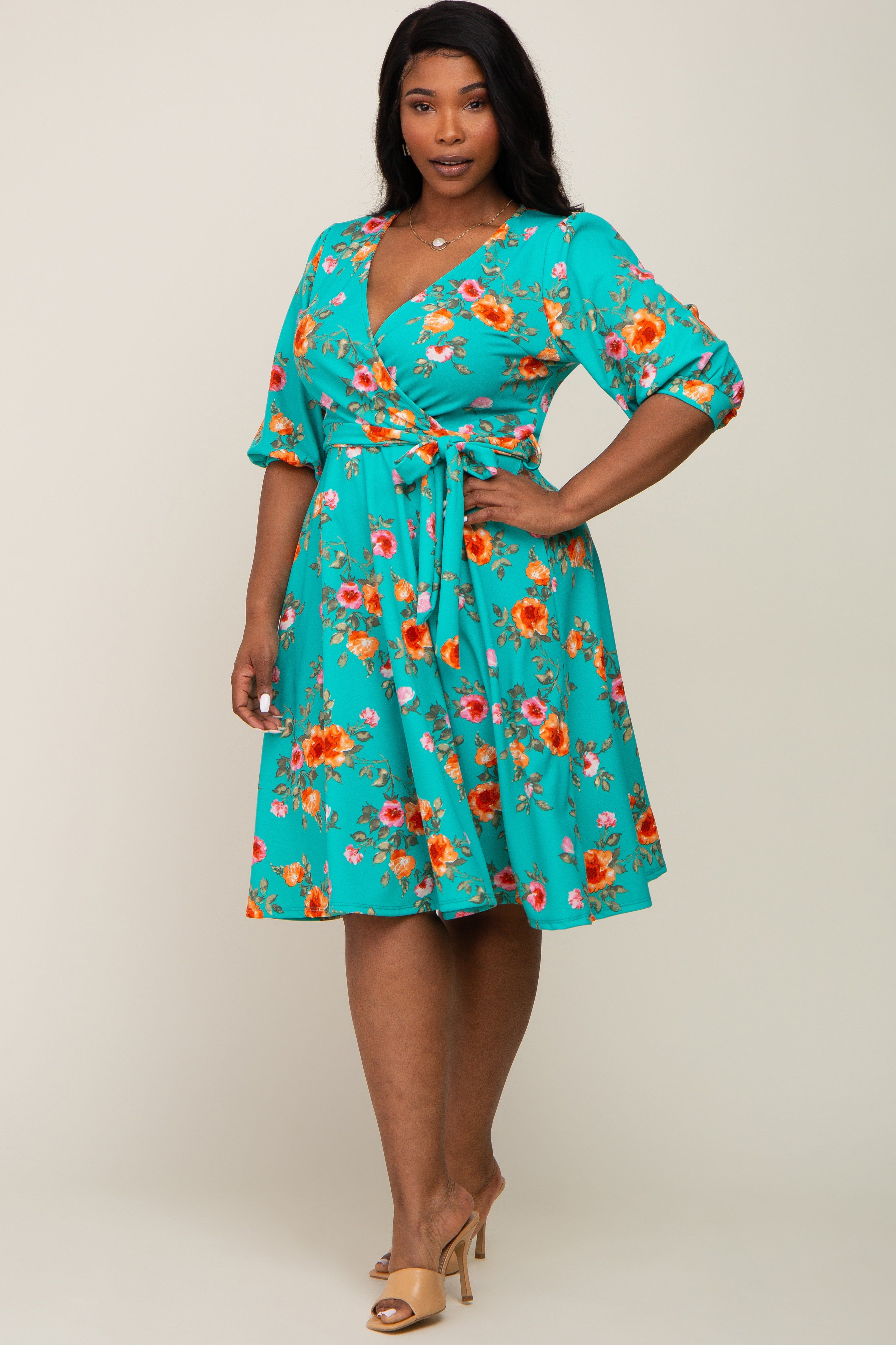 Mint Green Floral Wrap Front V-Neck Plus Dress sold by Pinkblush product image thumbnail 4