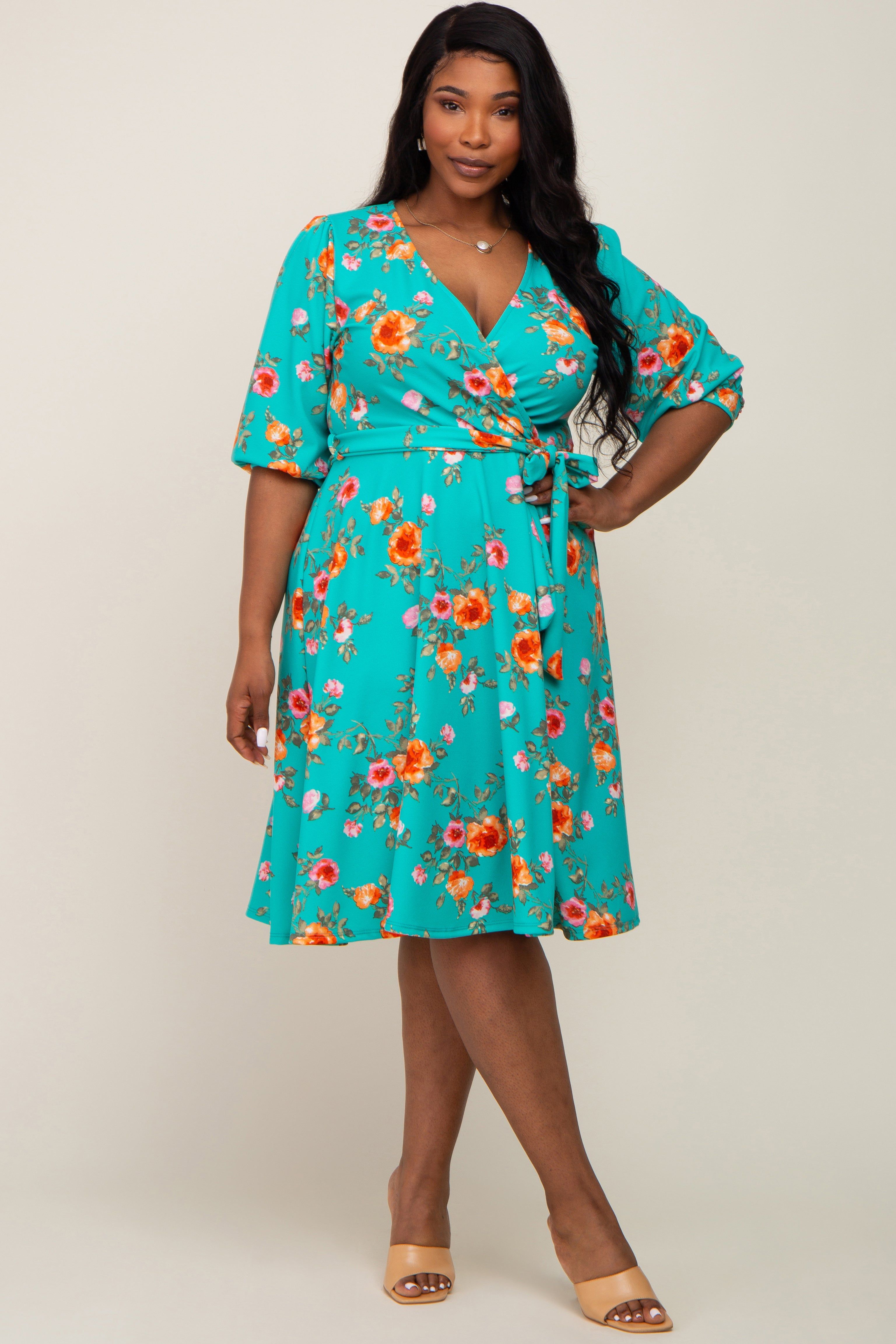 Mint Green Floral Wrap Front V-Neck Plus Dress sold by Pinkblush