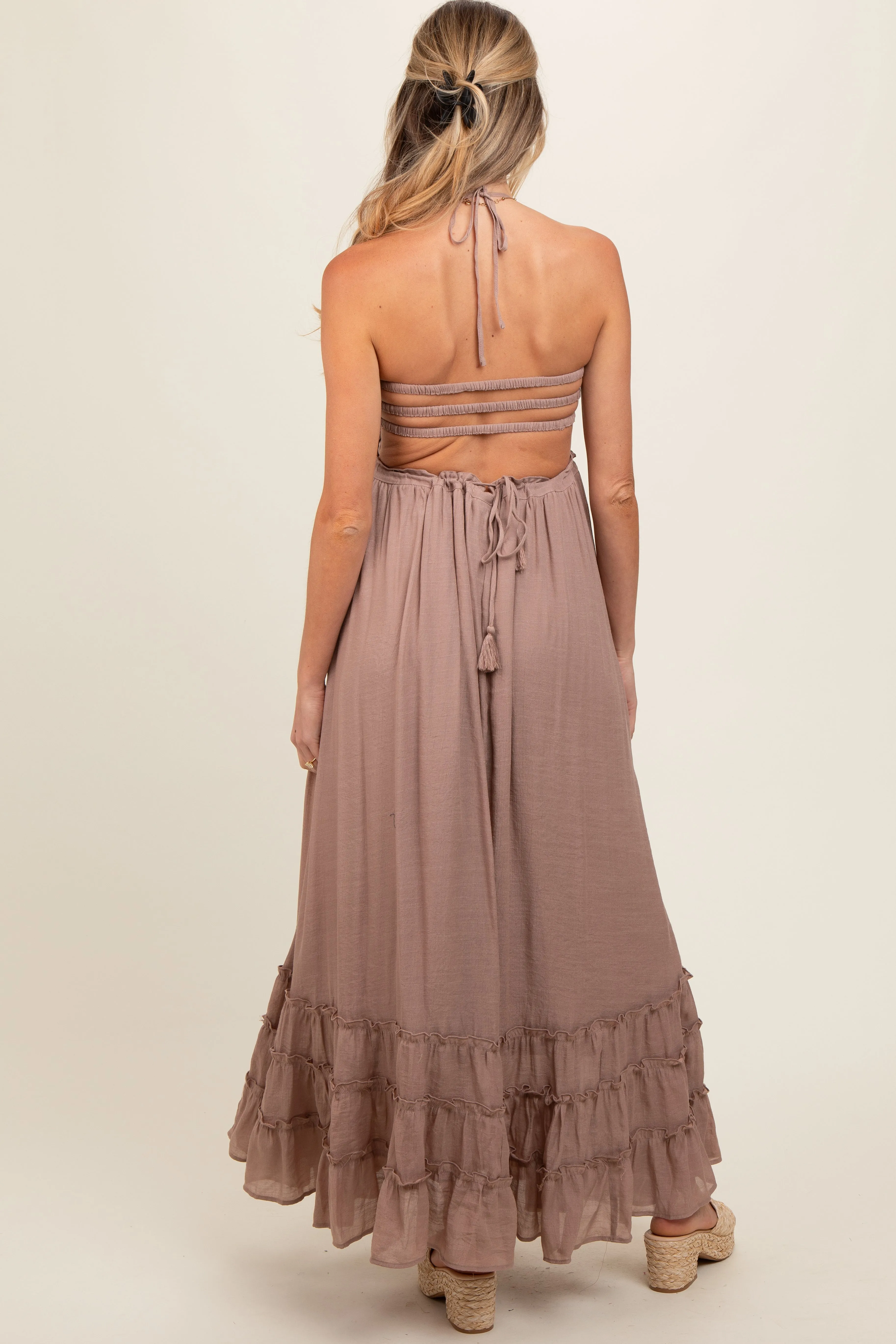 Taupe Smocked Halter Cutout Maternity Maxi Dress sold by Pinkblush product image thumbnail 3