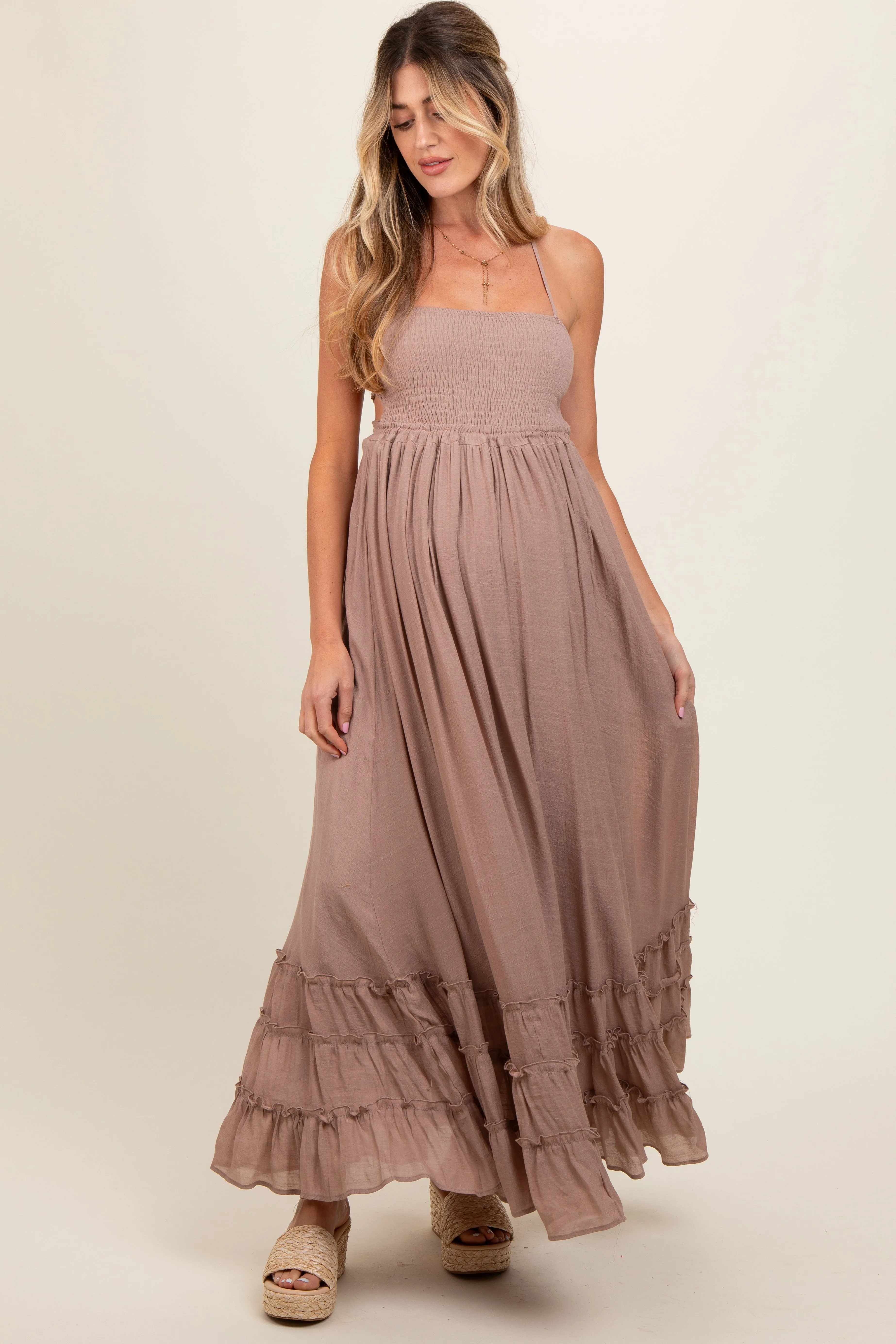 Taupe Smocked Halter Cutout Maternity Maxi Dress sold by Pinkblush