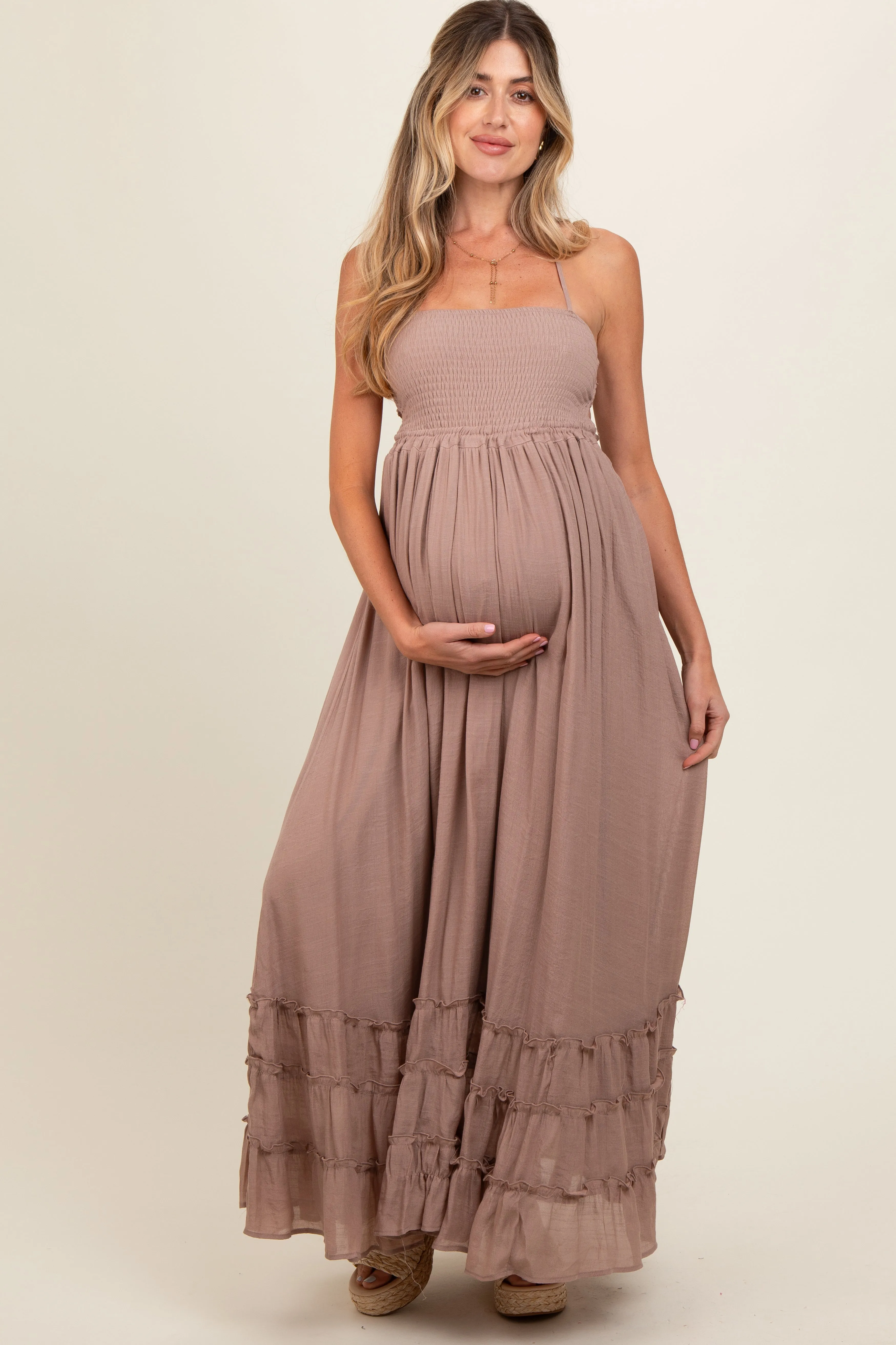 Taupe Smocked Halter Cutout Maternity Maxi Dress sold by Pinkblush product image thumbnail 2