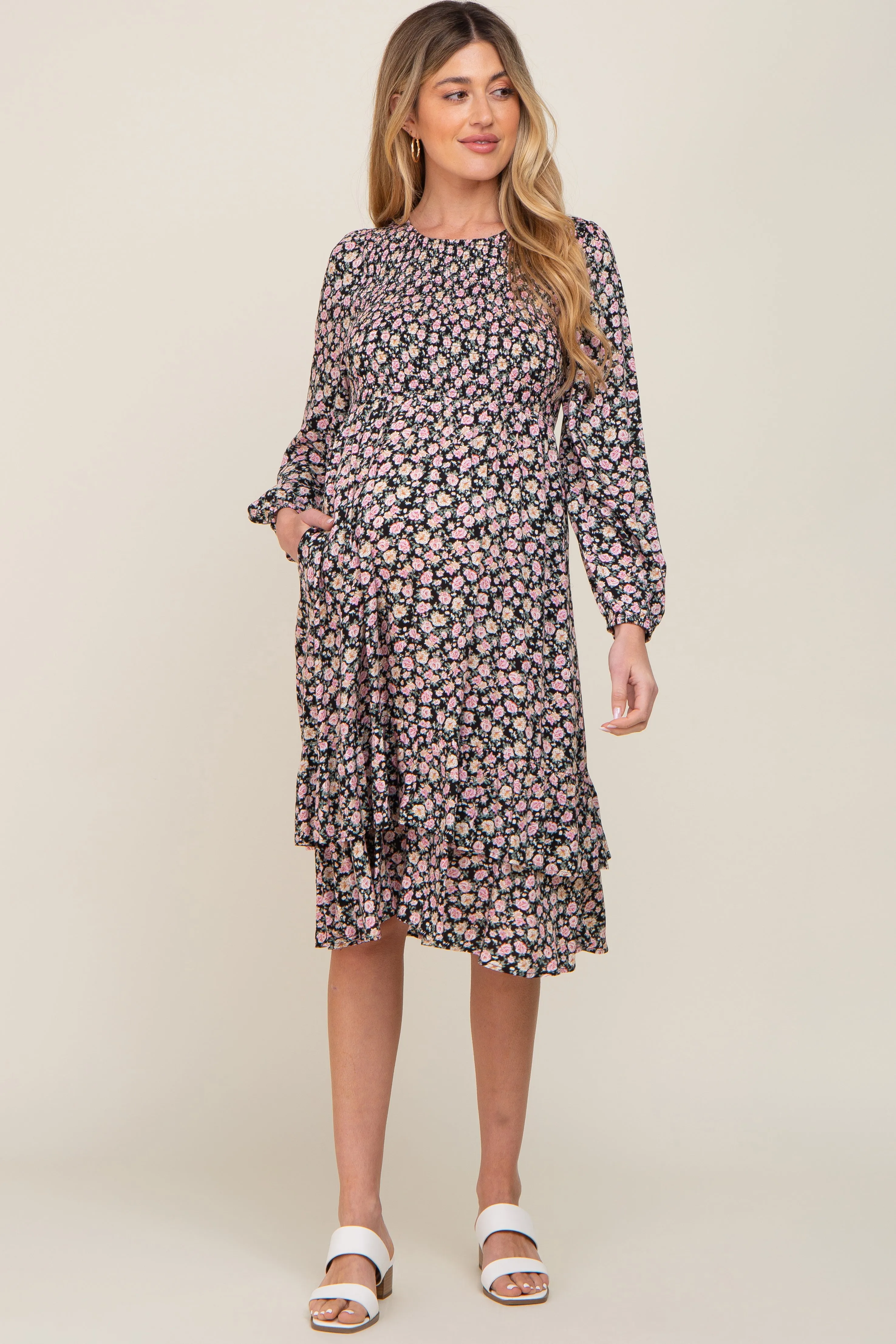 Black Floral Smocked 3/4 Sleeve Tiered Maternity Midi Dress sold by Pinkblush product image thumbnail 4