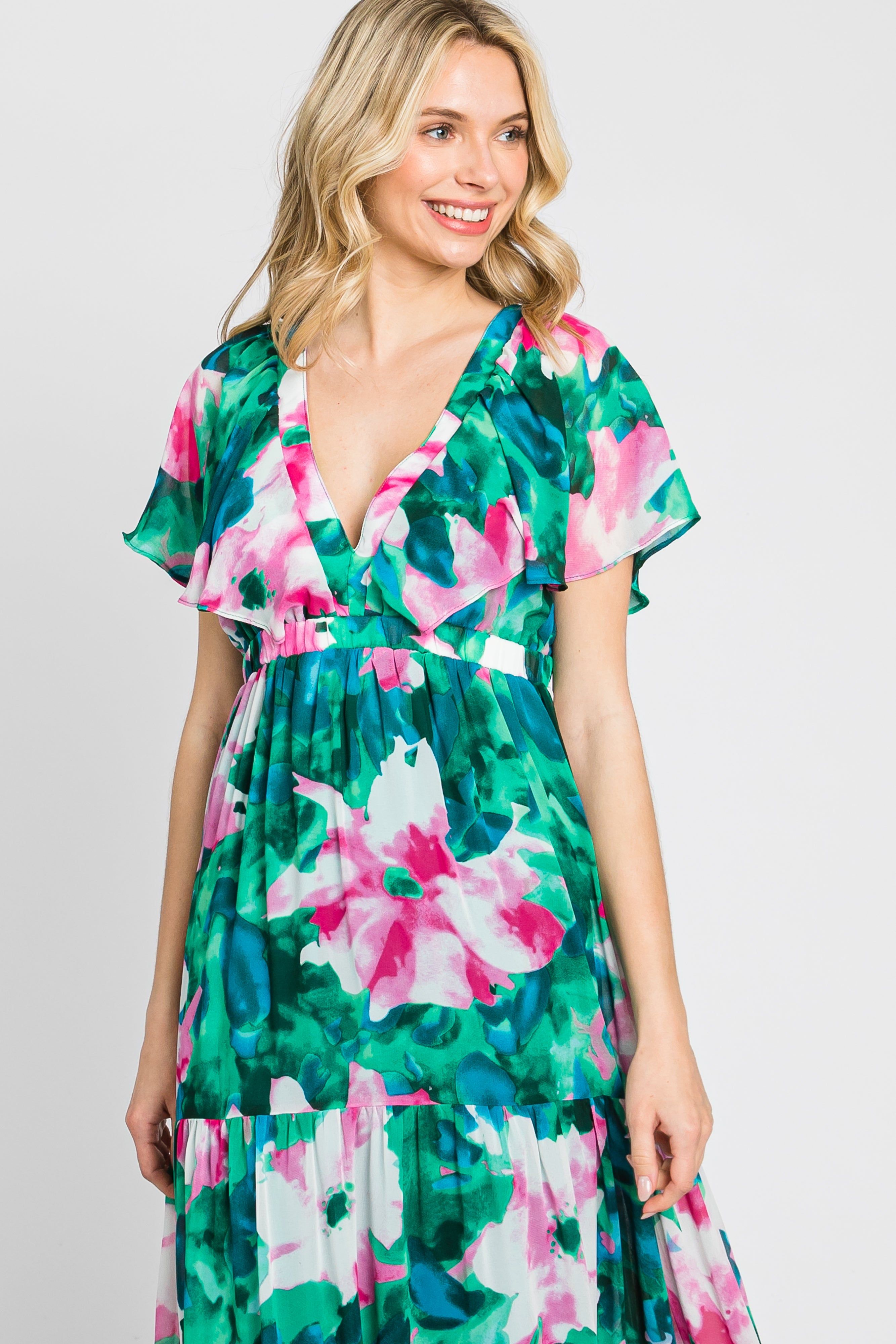 Dark Teal Floral Chiffon Deep V Flutter Sleeve Maxi Dress sold by Pinkblush product image thumbnail 4