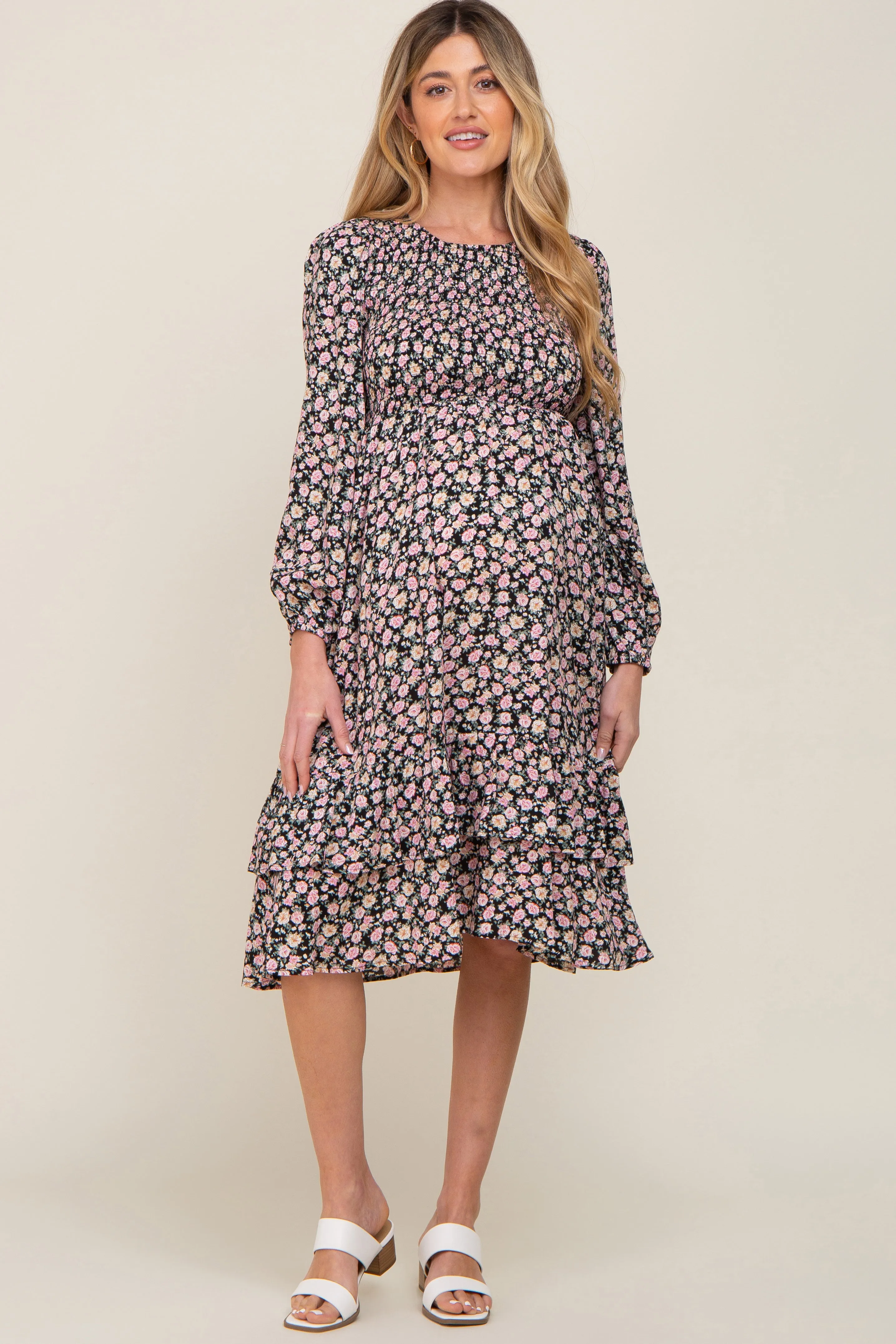 Black Floral Smocked 3/4 Sleeve Tiered Maternity Midi Dress sold by Pinkblush