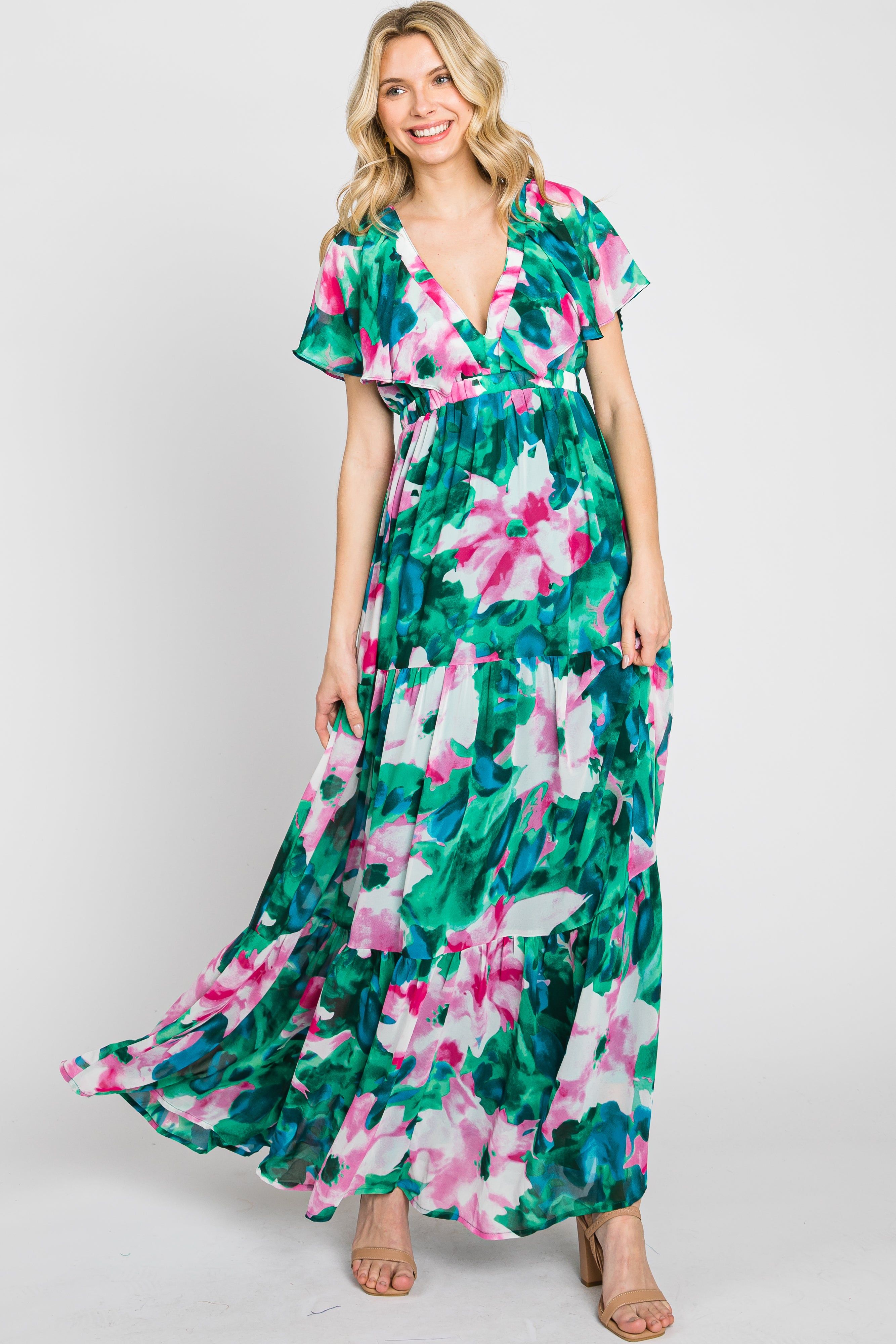 Dark Teal Floral Chiffon Deep V Flutter Sleeve Maxi Dress sold by Pinkblush