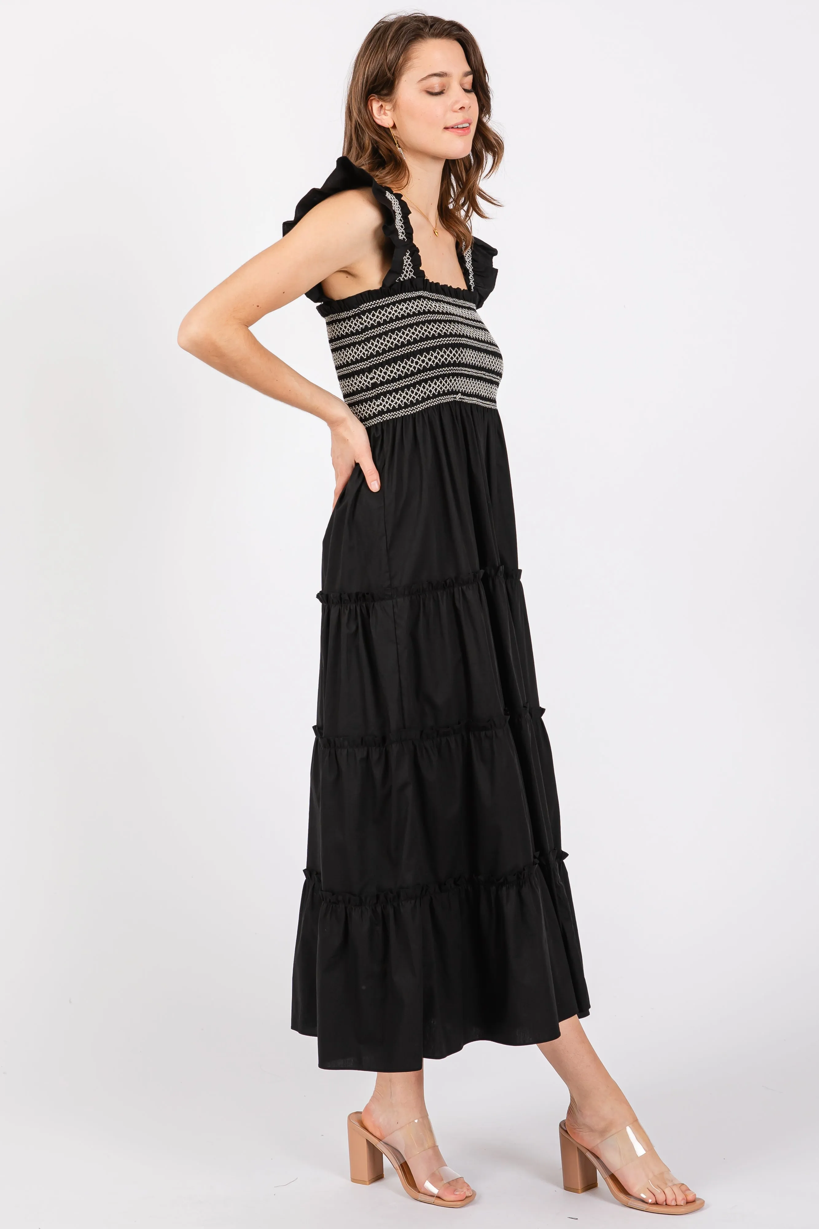 Black Embroidered Smocked Midi Dress sold by Pinkblush product image thumbnail 2