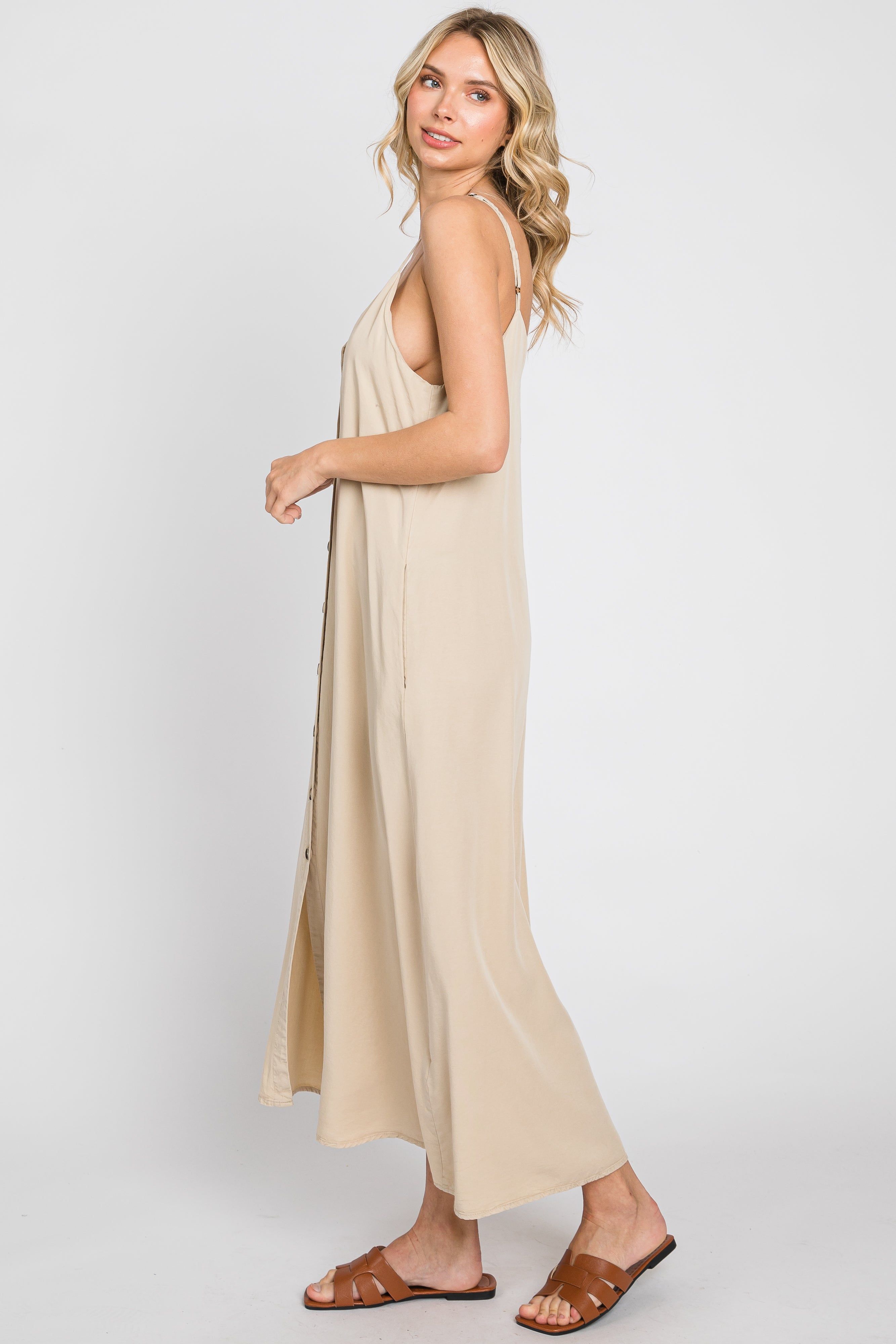 Beige Button Down Midi Tank Dress sold by Pinkblush product image thumbnail 2